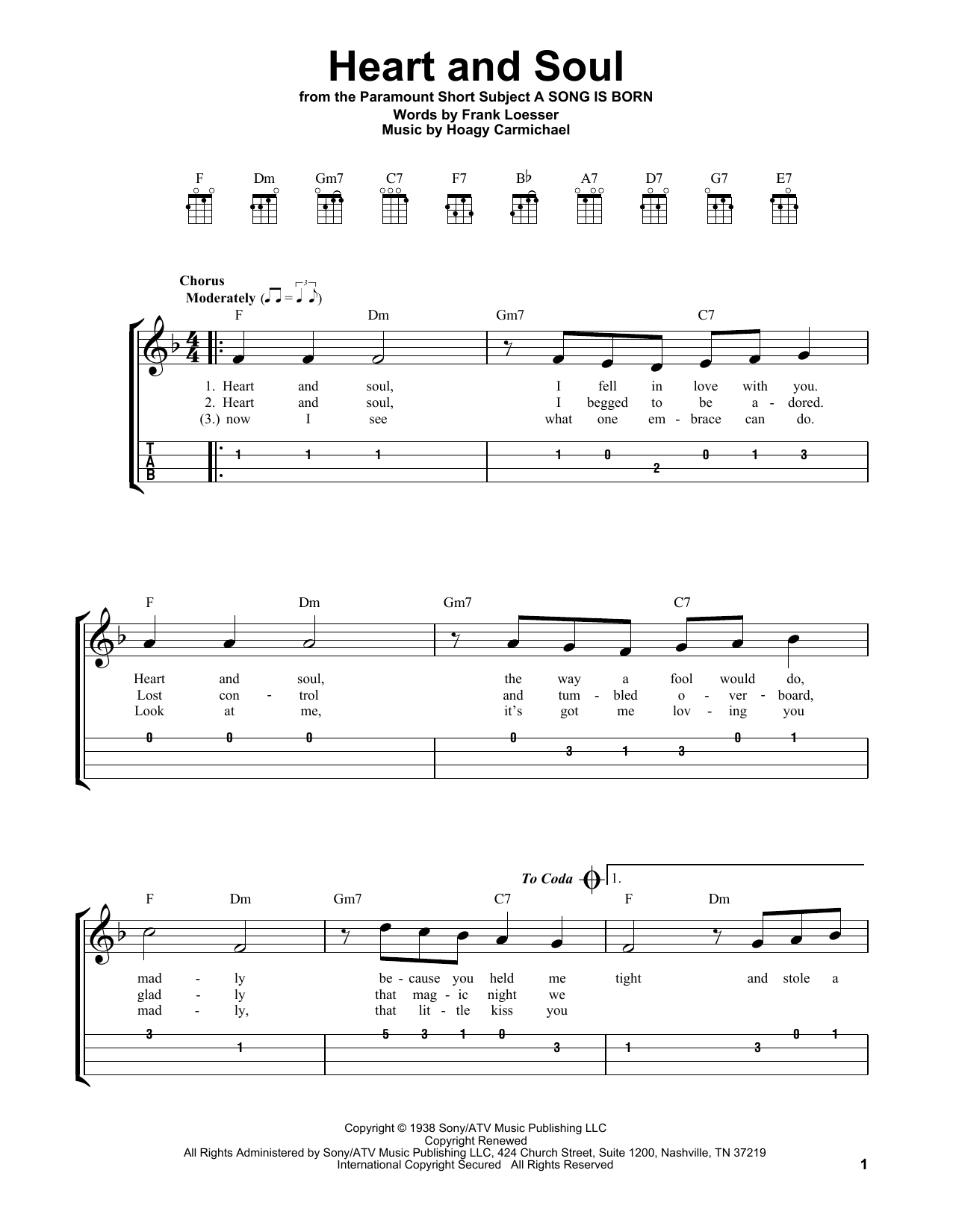 Frank Loesser and Hoagy Carmichael Heart And Soul sheet music notes and chords arranged for Easy Ukulele Tab