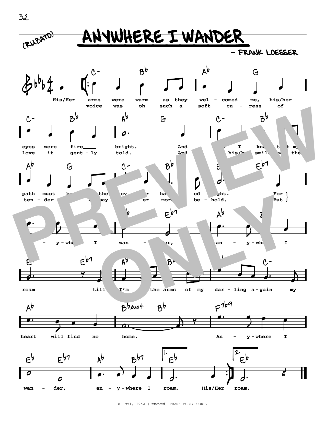 Frank Loesser Anywhere I Wander (High Voice) (from Hans Christian Andersen) sheet music notes and chords arranged for Real Book – Melody, Lyrics & Chords
