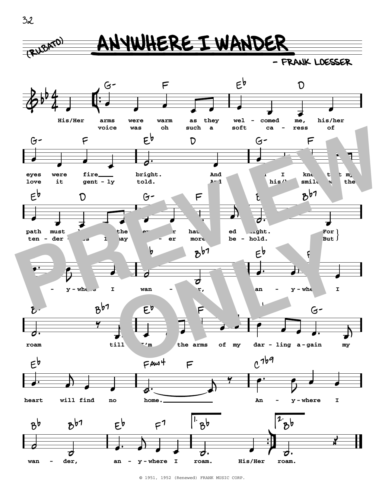 Frank Loesser Anywhere I Wander (Low Voice) sheet music notes and chords arranged for Real Book – Melody, Lyrics & Chords