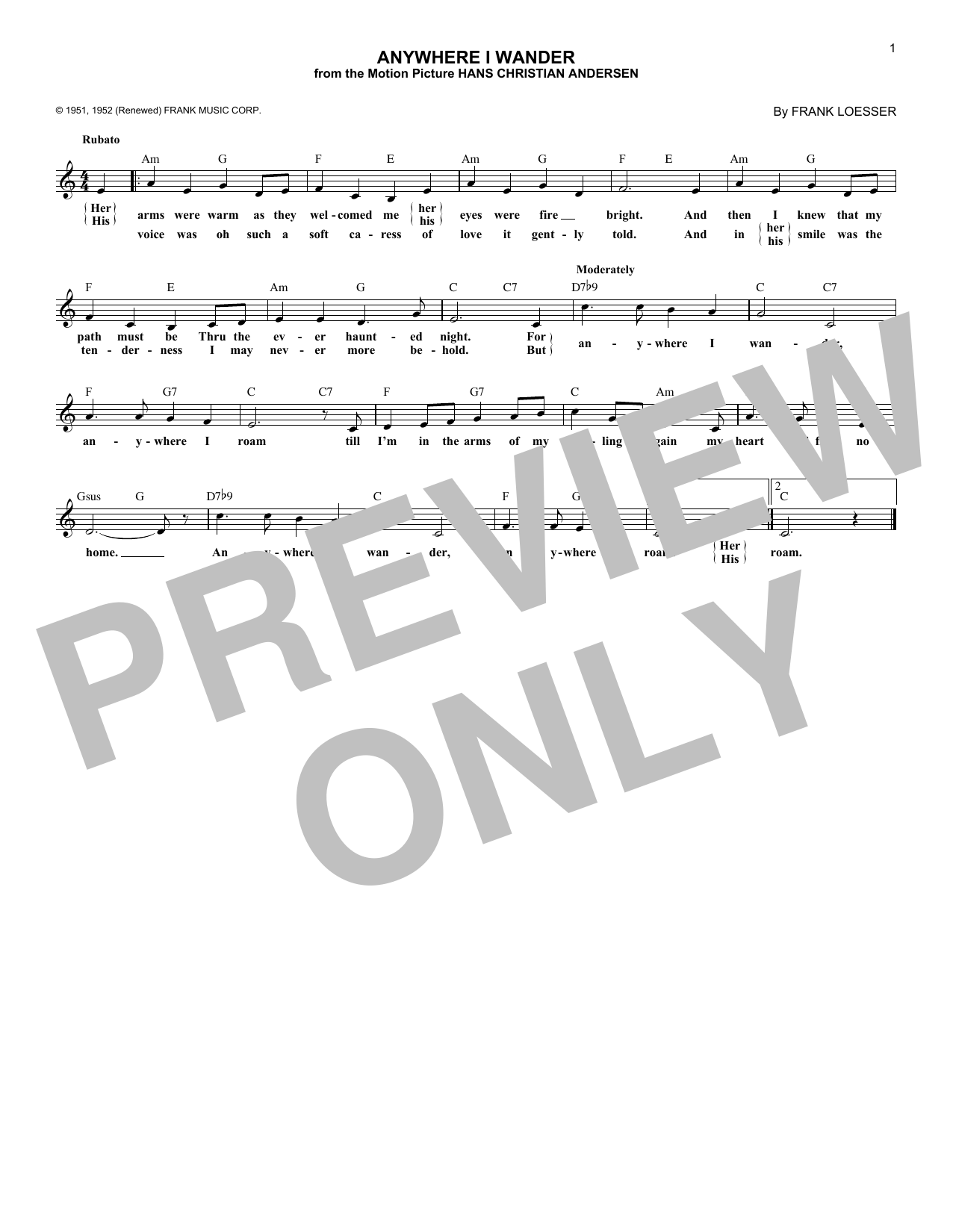 Frank Loesser Anywhere I Wander sheet music notes and chords arranged for Piano, Vocal & Guitar Chords (Right-Hand Melody)