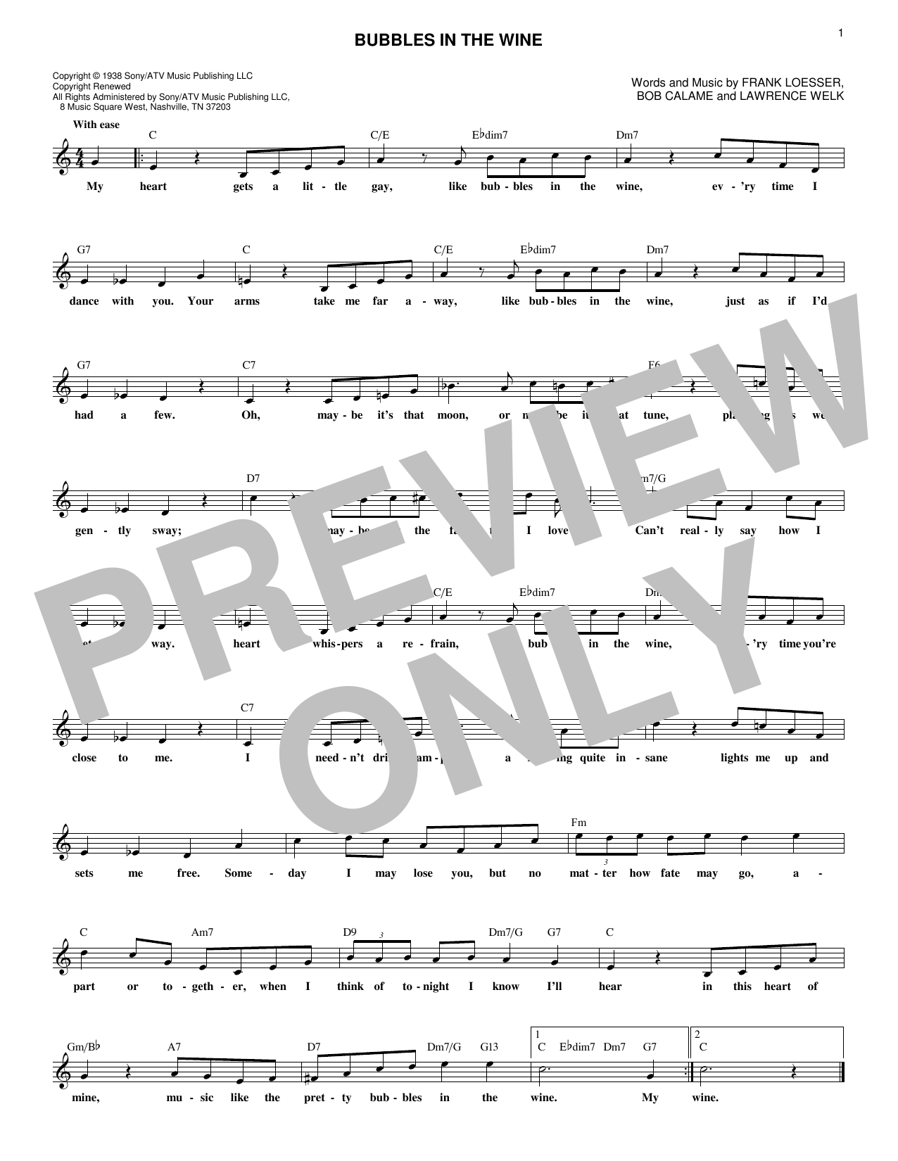 Frank Loesser Bubbles In The Wine sheet music notes and chords arranged for Lead Sheet / Fake Book