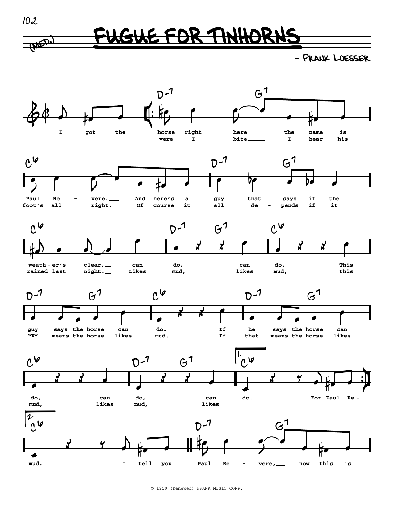 Frank Loesser Fugue For Tinhorns (High Voice) sheet music notes and chords arranged for Real Book – Melody, Lyrics & Chords