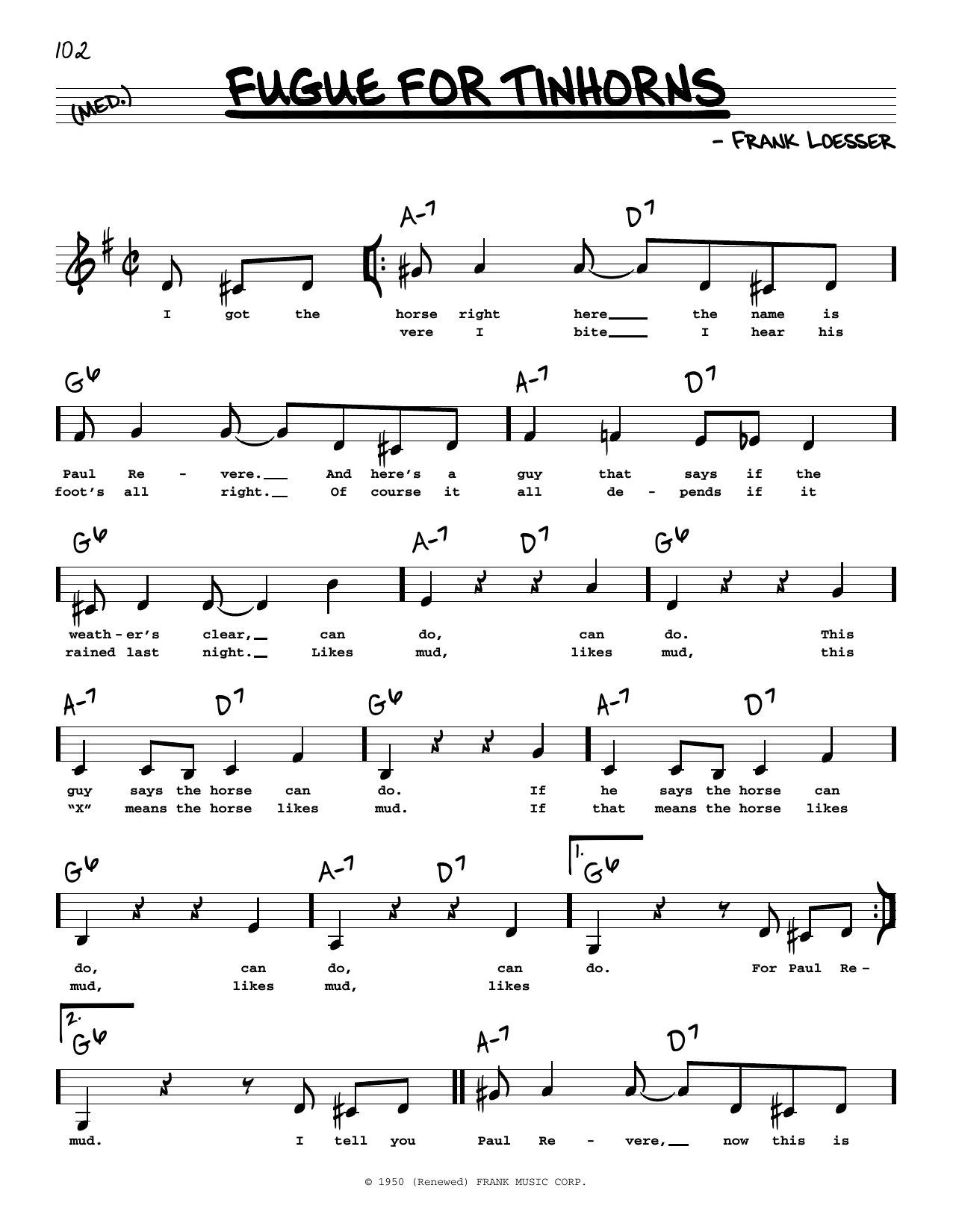 Frank Loesser Fugue For Tinhorns (Low Voice) sheet music notes and chords arranged for Real Book – Melody, Lyrics & Chords