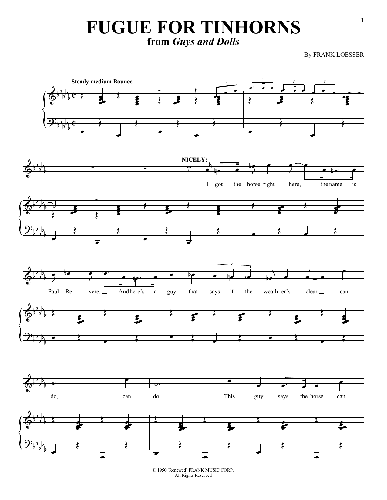Frank Loesser Fugue For Tinhorns sheet music notes and chords arranged for Piano & Vocal