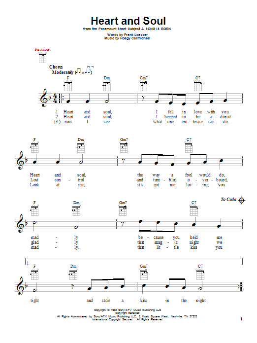 Frank Loesser Heart And Soul sheet music notes and chords arranged for Easy Ukulele Tab