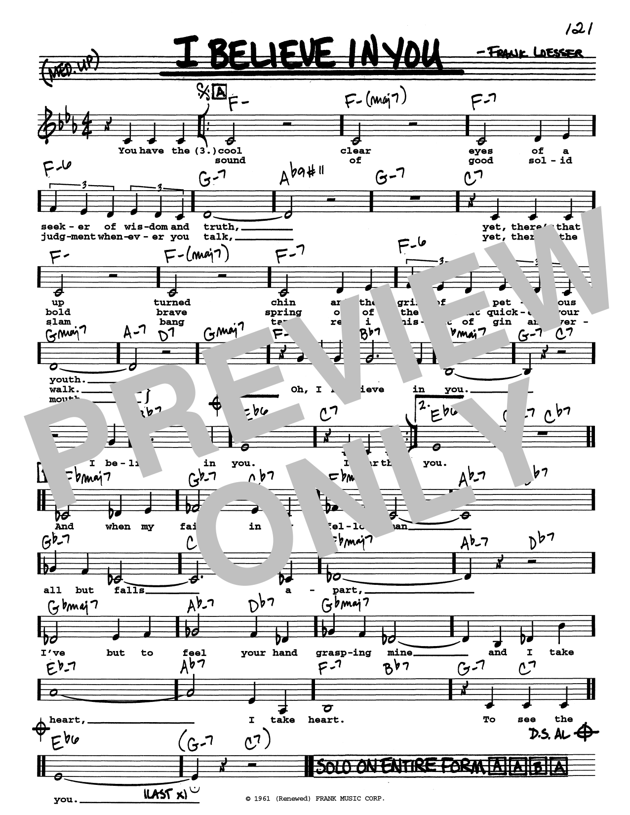 Frank Loesser I Believe In You (Low Voice) sheet music notes and chords arranged for Real Book – Melody, Lyrics & Chords