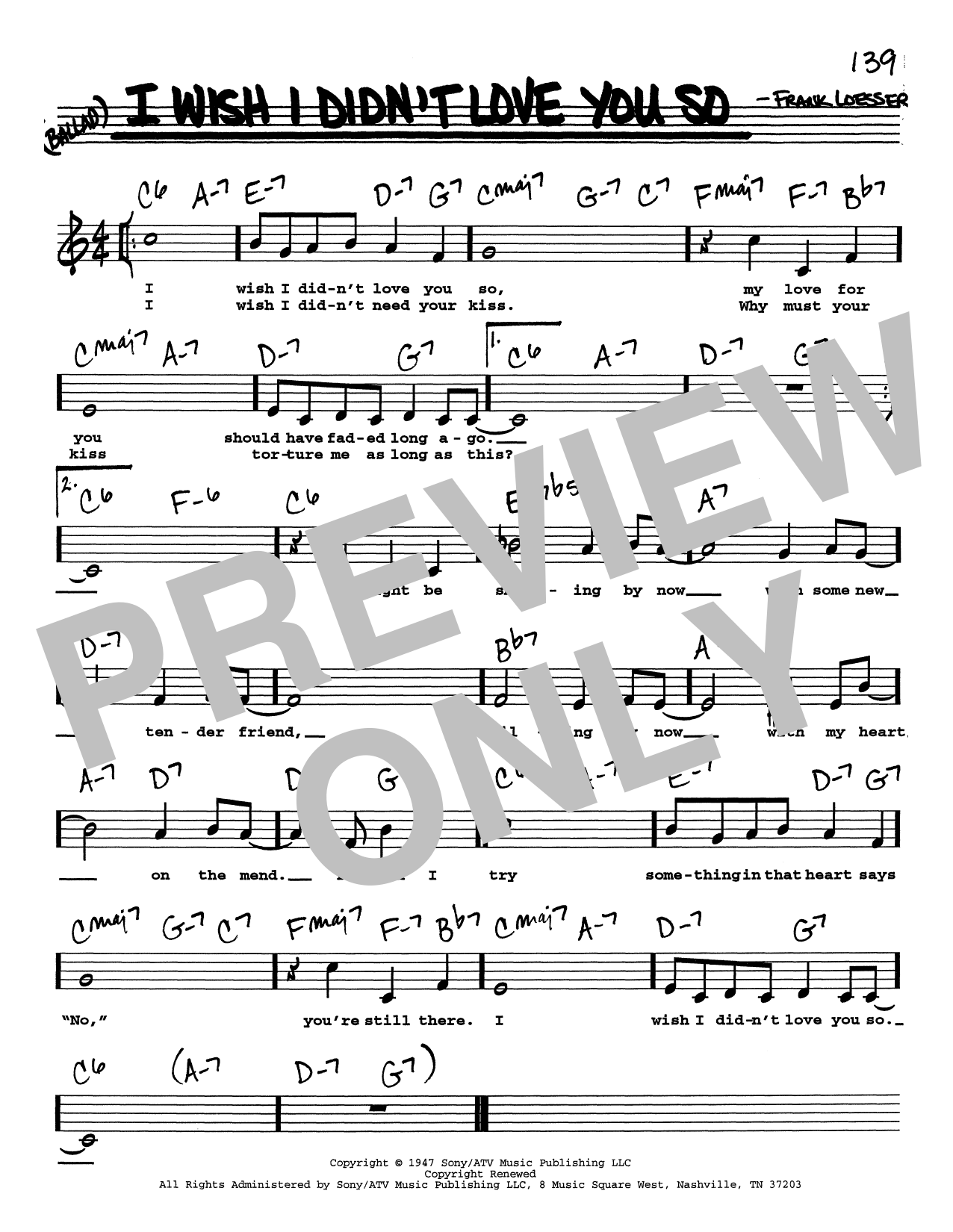 Frank Loesser I Wish I Didn't Love You So (Low Voice) sheet music notes and chords arranged for Real Book – Melody, Lyrics & Chords