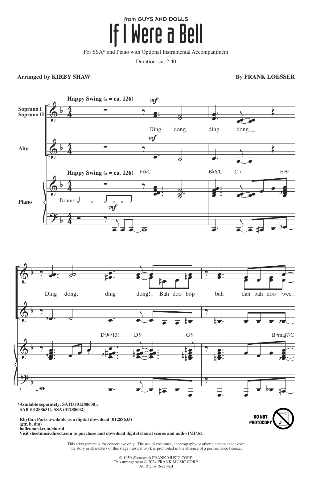 Frank Loesser If I Were A Bell (from Guys And Dolls) (arr. Kirby Shaw) sheet music notes and chords arranged for SSA Choir