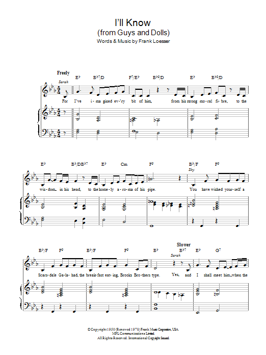 Frank Loesser I'll Know (from Guys and Dolls) sheet music notes and chords arranged for Piano, Vocal & Guitar Chords