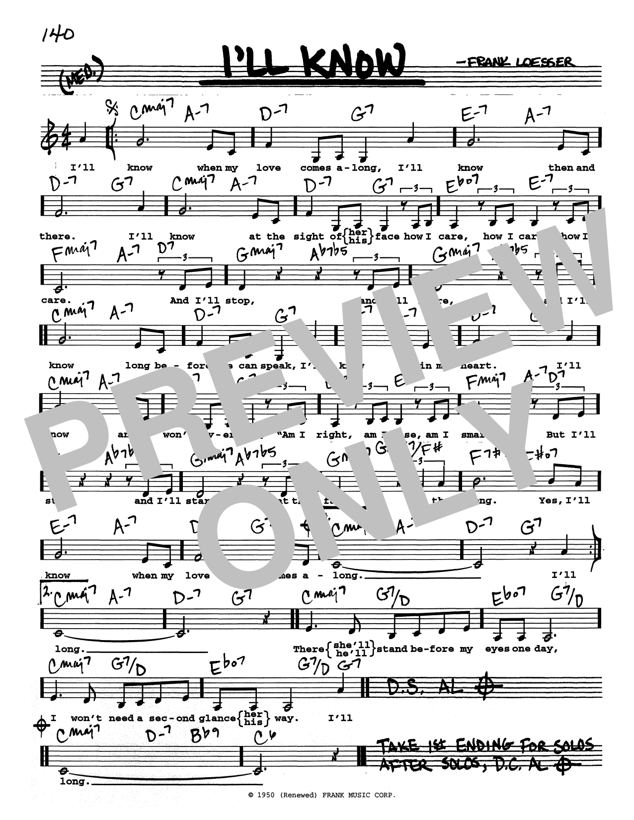Frank Loesser I'll Know (Low Voice) sheet music notes and chords arranged for Real Book – Melody, Lyrics & Chords