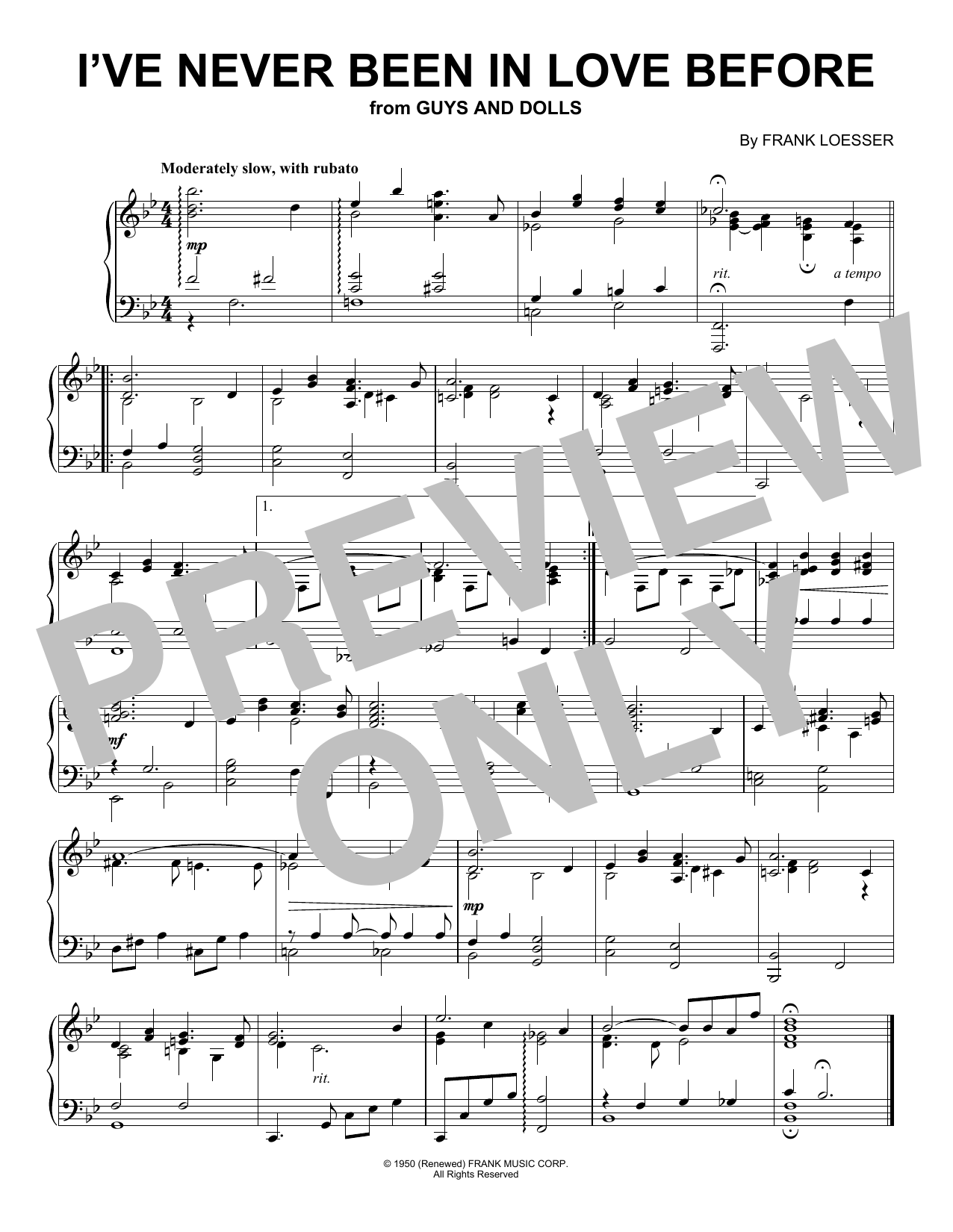 Frank Loesser I've Never Been In Love Before (from Guys And Dolls) (Peaceful Piano Solo) sheet music notes and chords arranged for Piano Solo