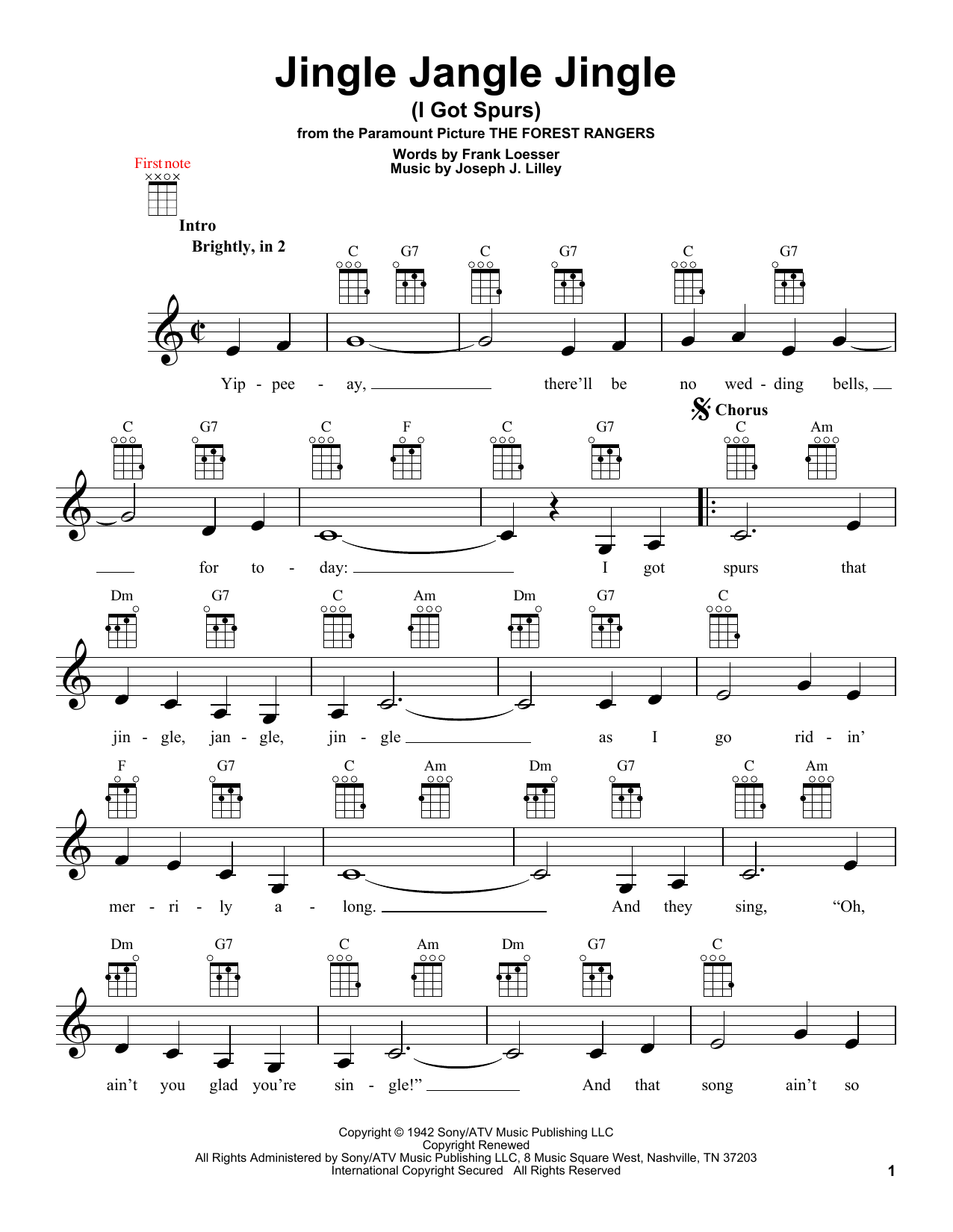 Frank Loesser Jingle Jangle Jingle (I Got Spurs) sheet music notes and chords arranged for Lead Sheet / Fake Book