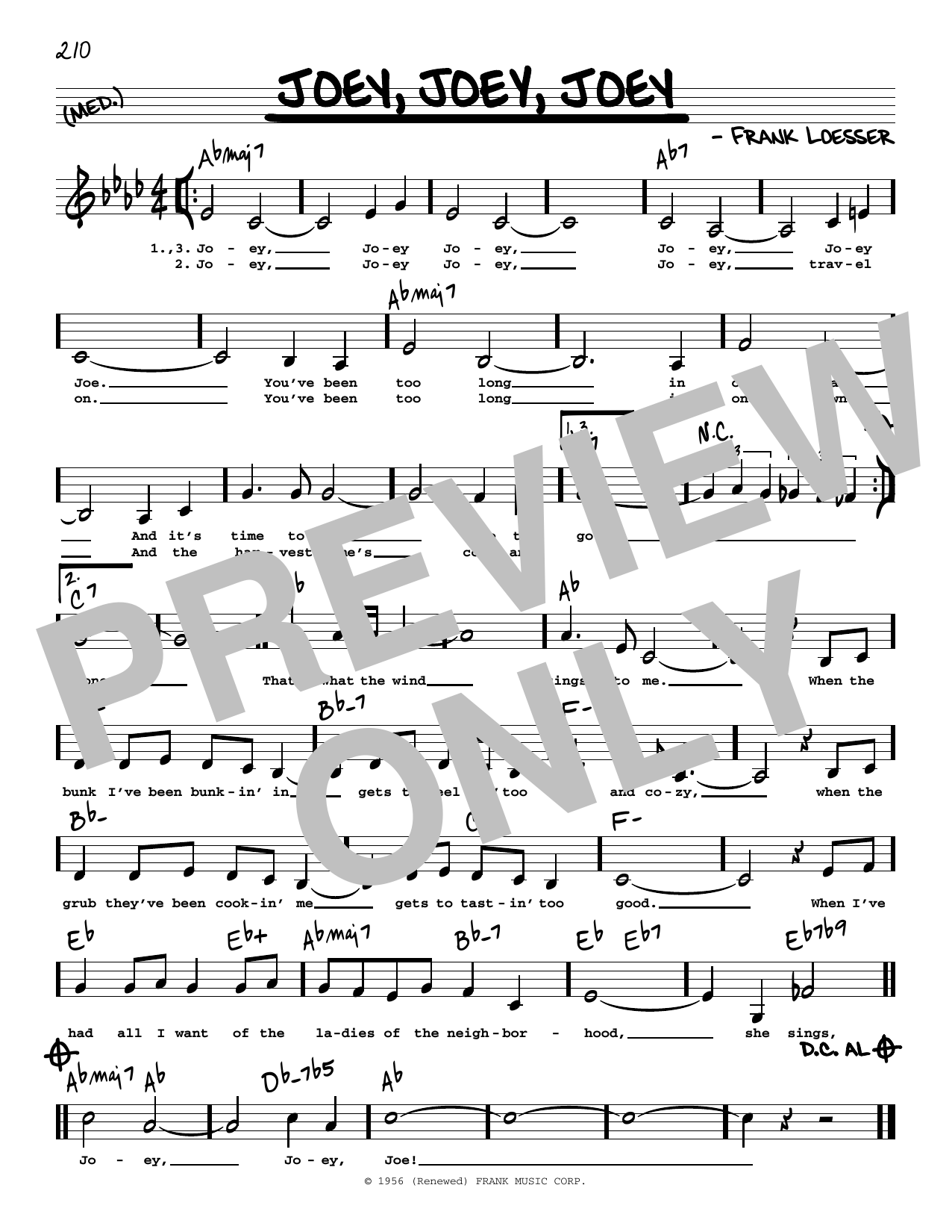 Frank Loesser Joey, Joey, Joey (Low Voice) sheet music notes and chords arranged for Real Book – Melody, Lyrics & Chords
