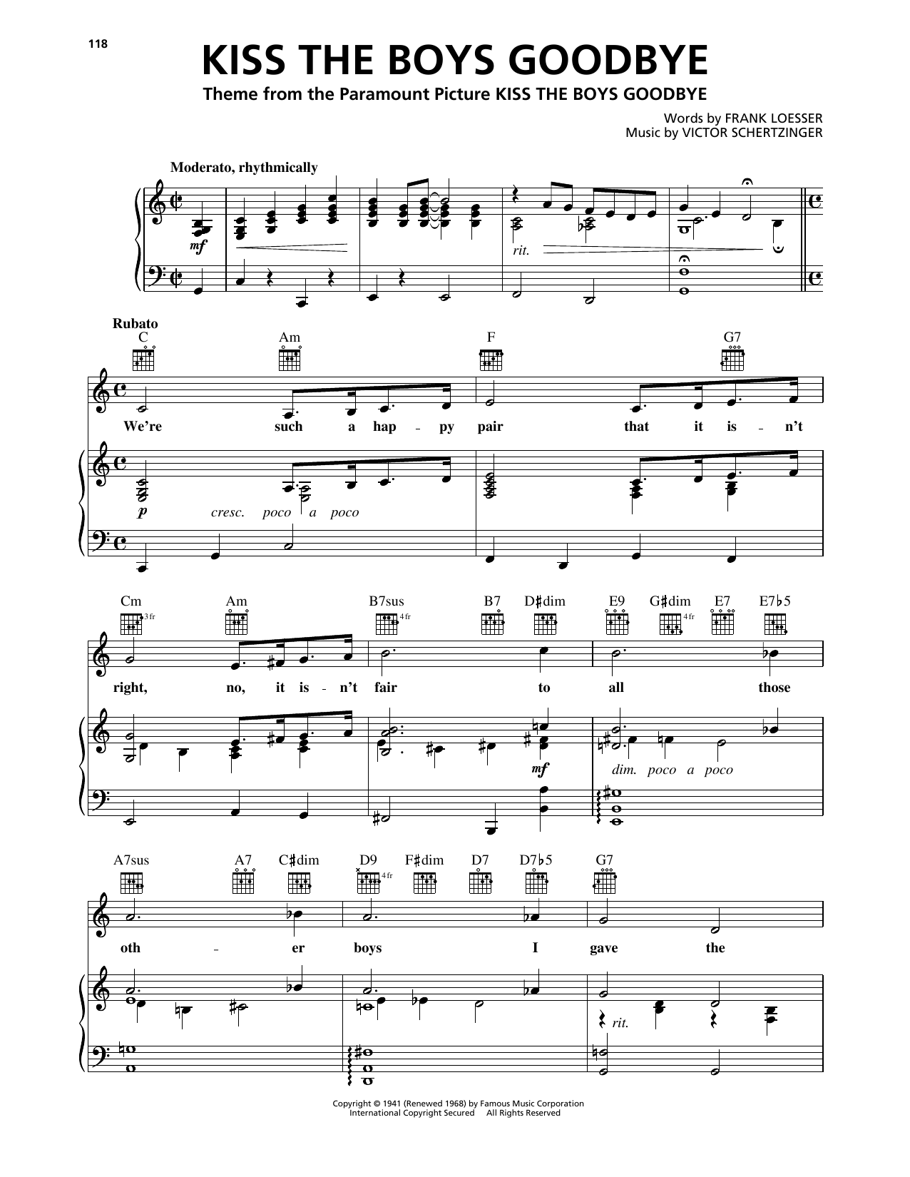 Frank Loesser Kiss The Boys Goodbye sheet music notes and chords arranged for Piano, Vocal & Guitar Chords (Right-Hand Melody)