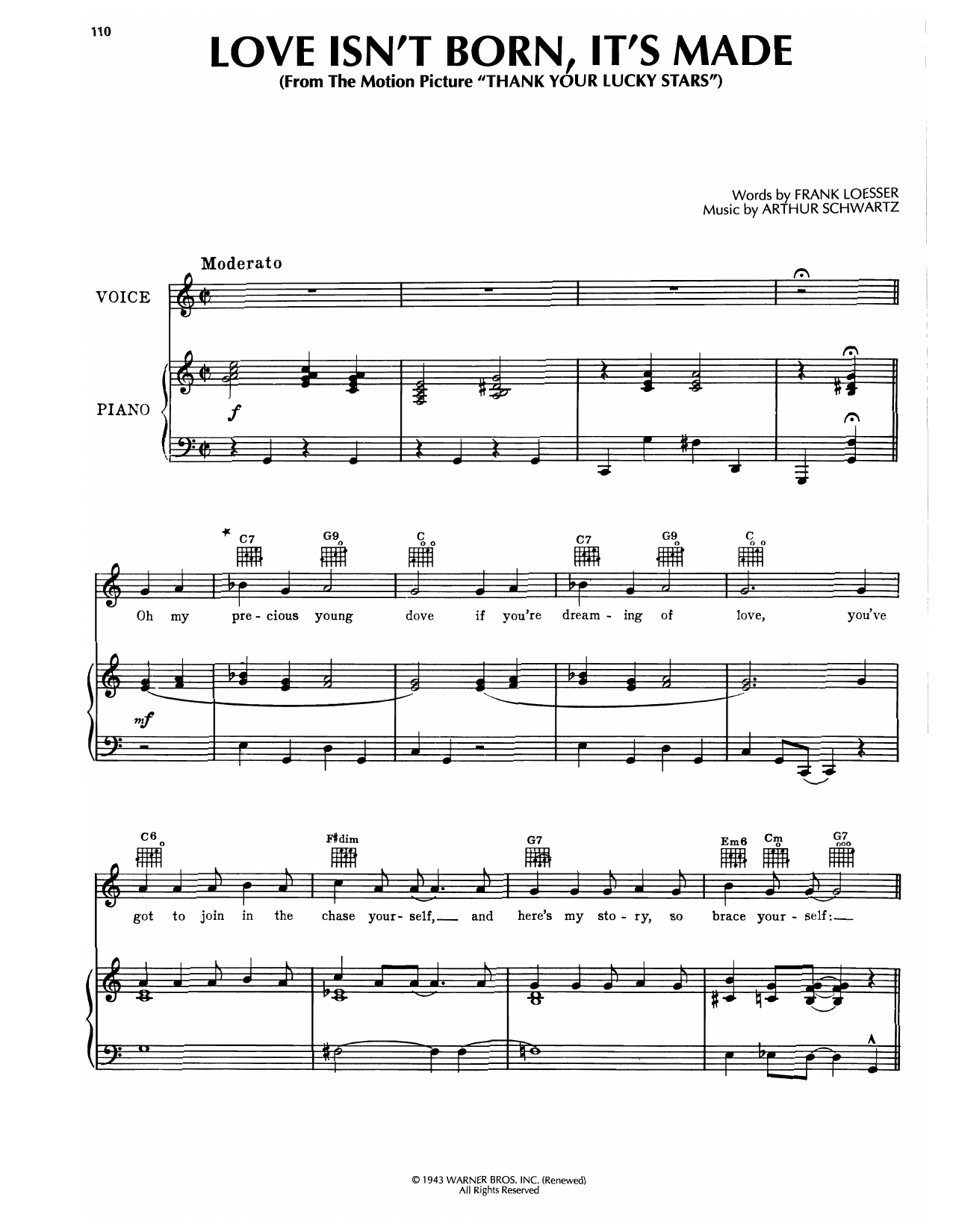 Frank Loesser Love Isn't Born, It's Made (from Thank Your Lucky Stars) sheet music notes and chords arranged for Piano, Vocal & Guitar Chords (Right-Hand Melody)