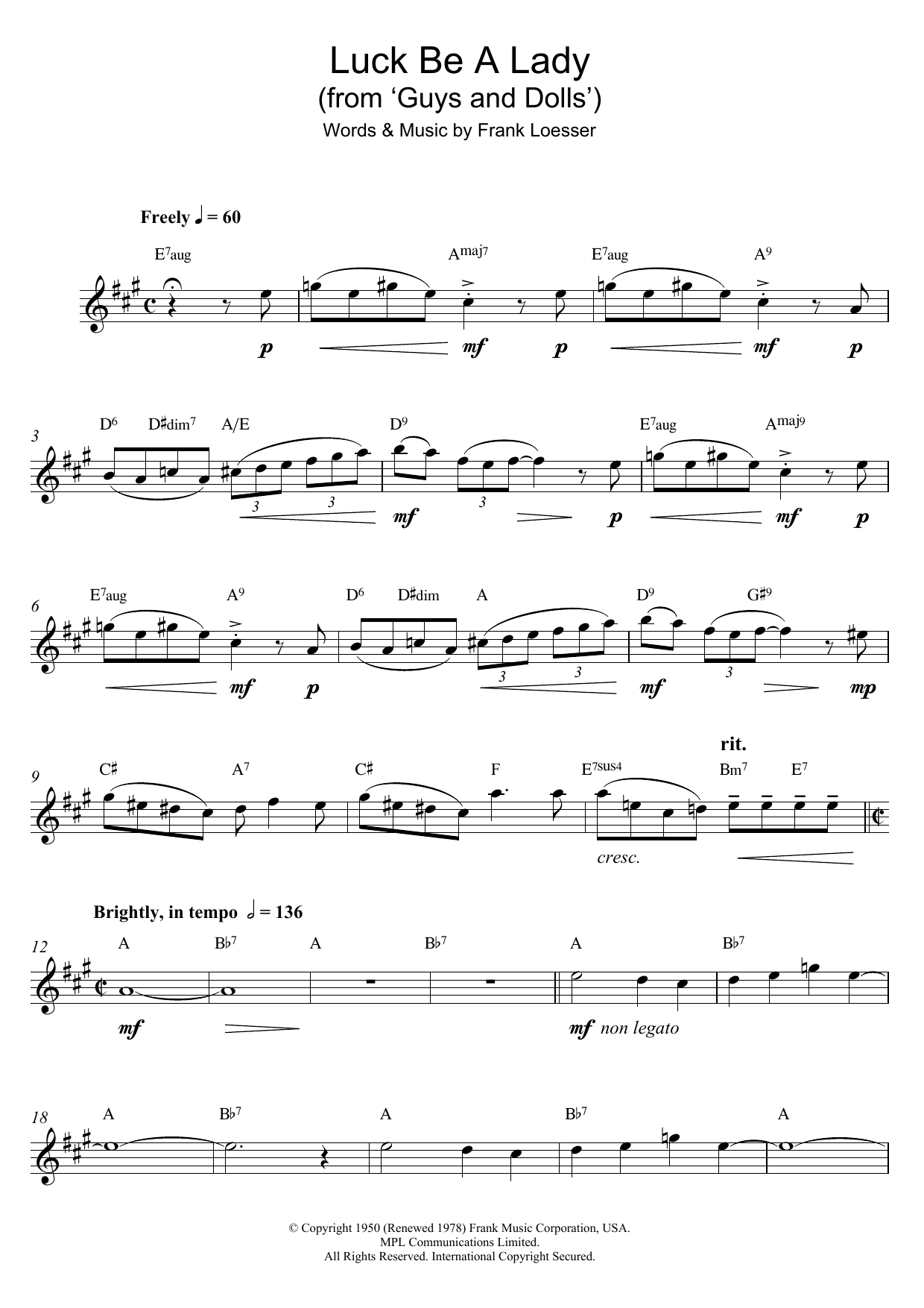 Frank Loesser Luck Be A Lady (from 'Guys and Dolls') sheet music notes and chords arranged for Piano & Vocal