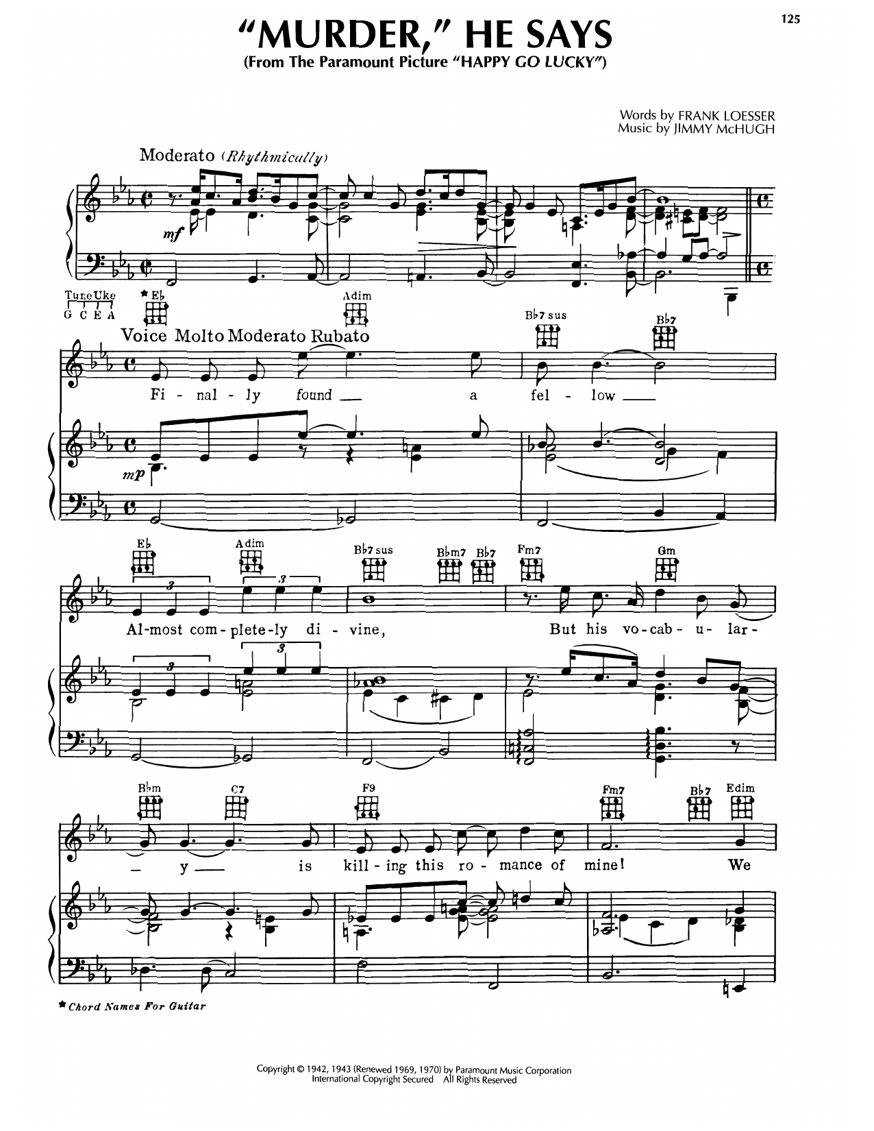 Frank Loesser Murder, He Says (from Happy Go Lucky) sheet music notes and chords arranged for Piano, Vocal & Guitar Chords (Right-Hand Melody)