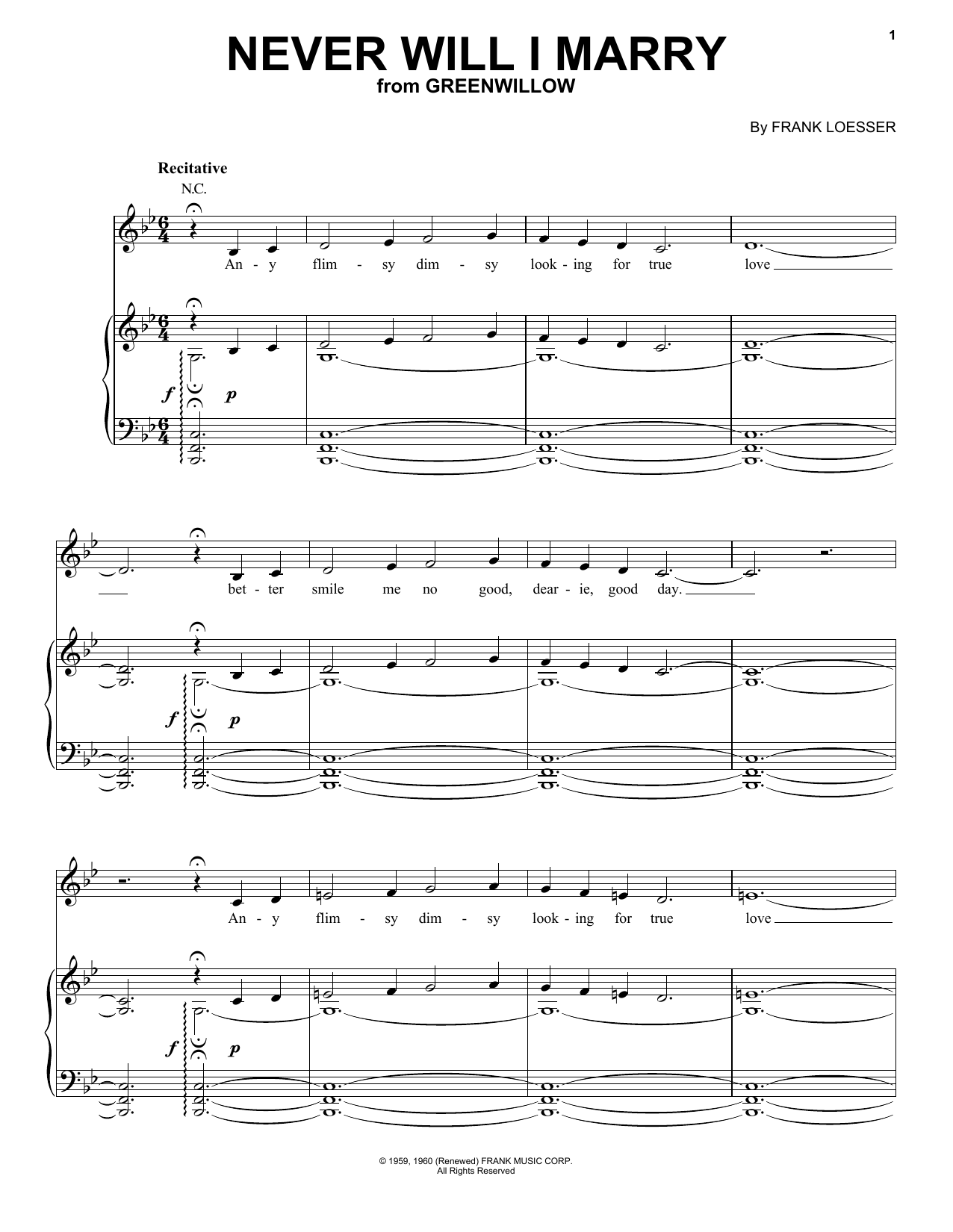 Frank Loesser Never Will I Marry (from Greenwillow) sheet music notes and chords arranged for Piano, Vocal & Guitar Chords (Right-Hand Melody)