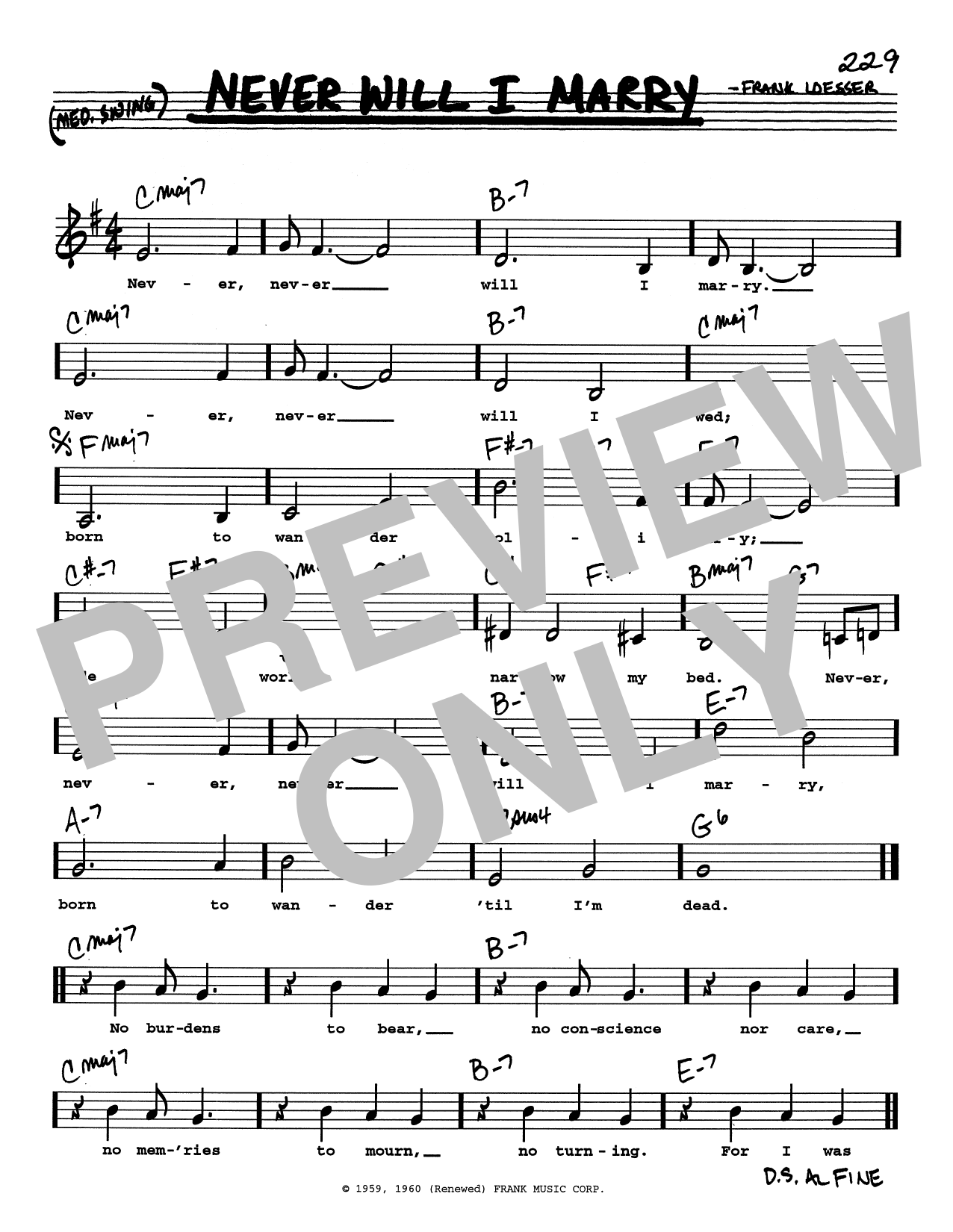 Frank Loesser Never Will I Marry (Low Voice) sheet music notes and chords arranged for Real Book – Melody, Lyrics & Chords