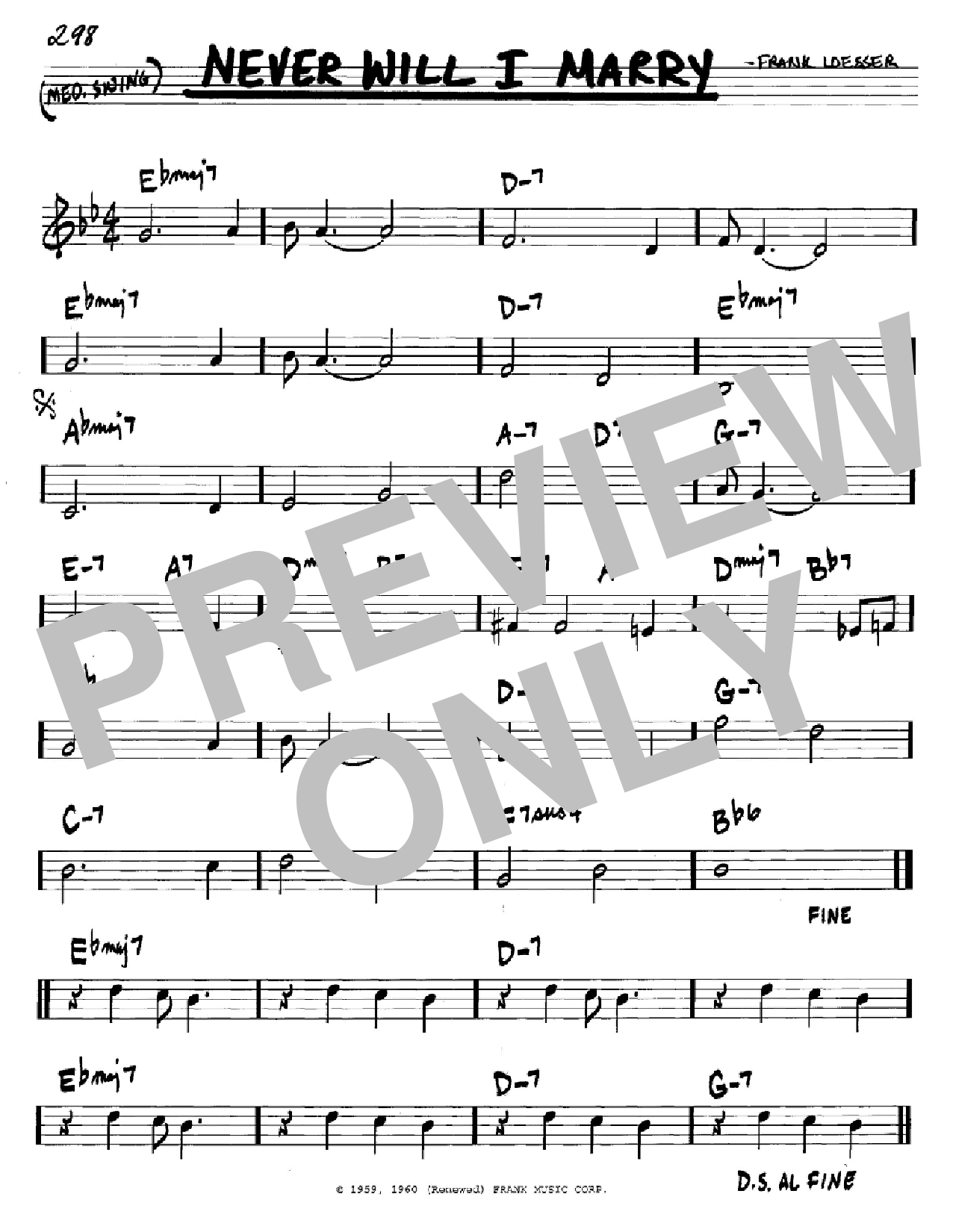 Frank Loesser Never Will I Marry sheet music notes and chords arranged for Real Book – Melody & Chords – Bb Instruments