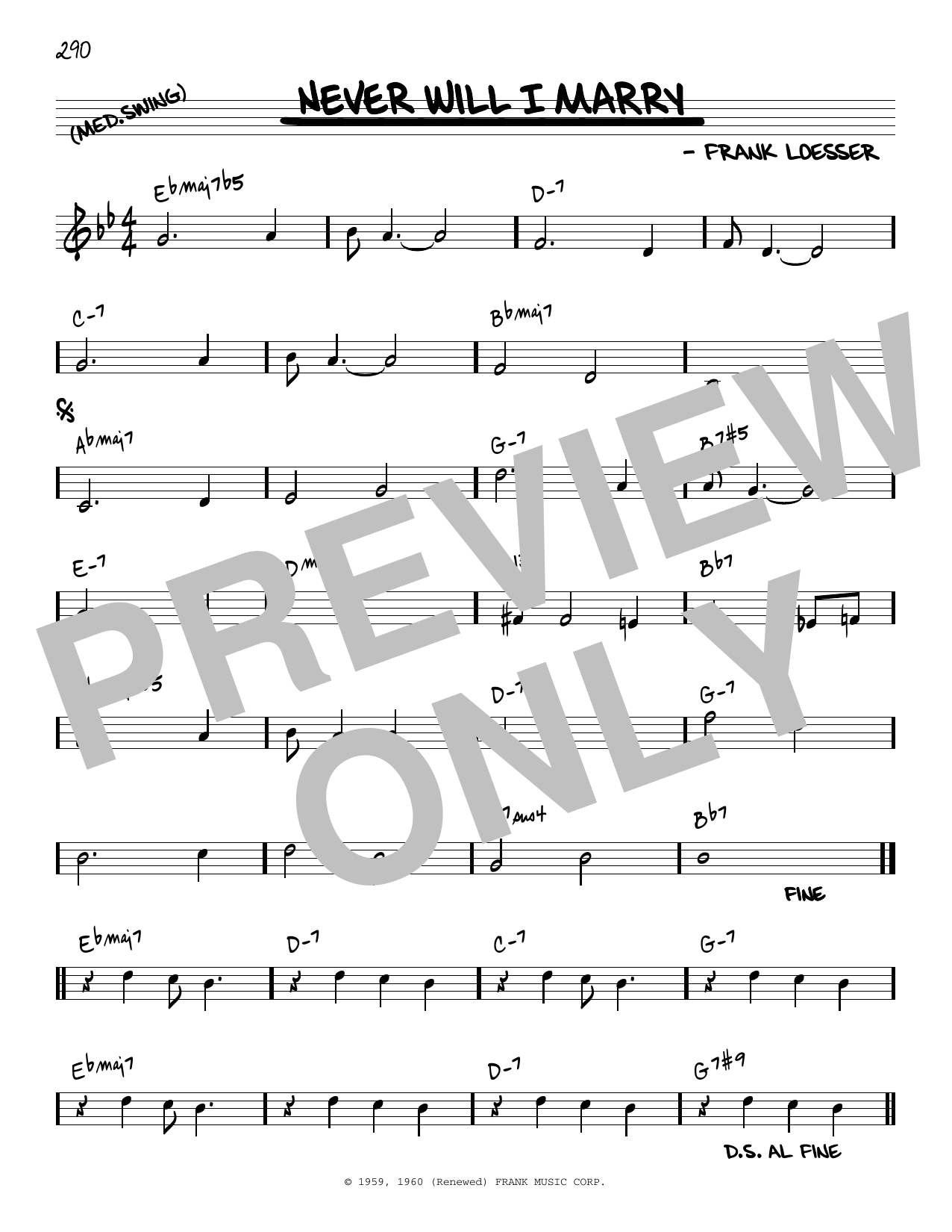 Frank Loesser Never Will I Marry [Reharmonized version] (arr. Jack Grassel) sheet music notes and chords arranged for Real Book – Melody & Chords