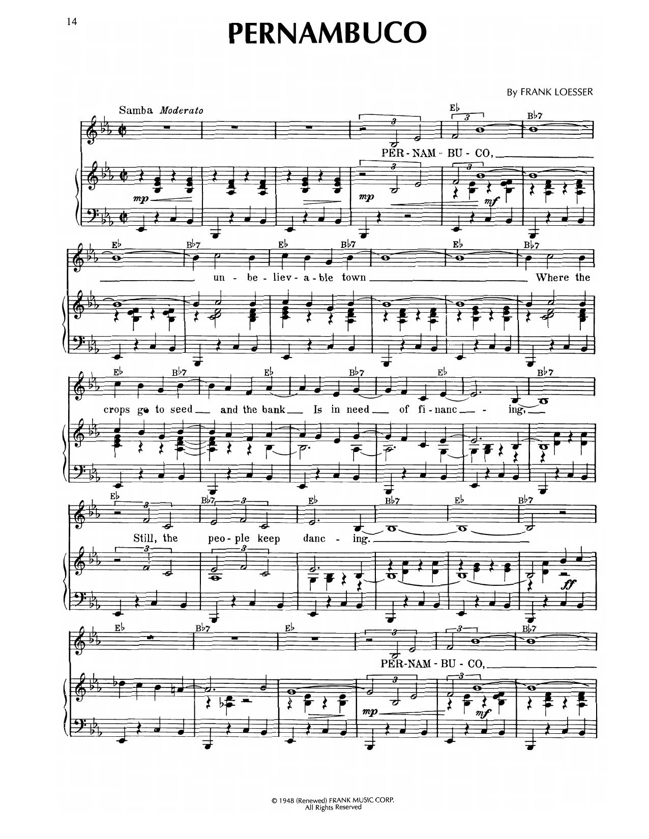 Frank Loesser Pernambuco (from Where's Charley?) sheet music notes and chords arranged for Piano & Vocal