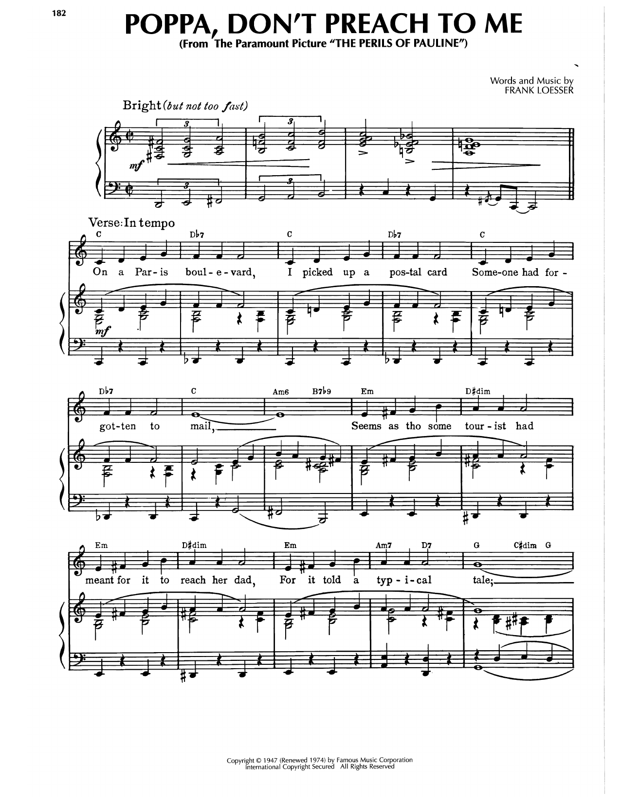 Frank Loesser Poppa, Don't Preach To Me (from The Perils Of Pauline) sheet music notes and chords arranged for Piano, Vocal & Guitar Chords (Right-Hand Melody)