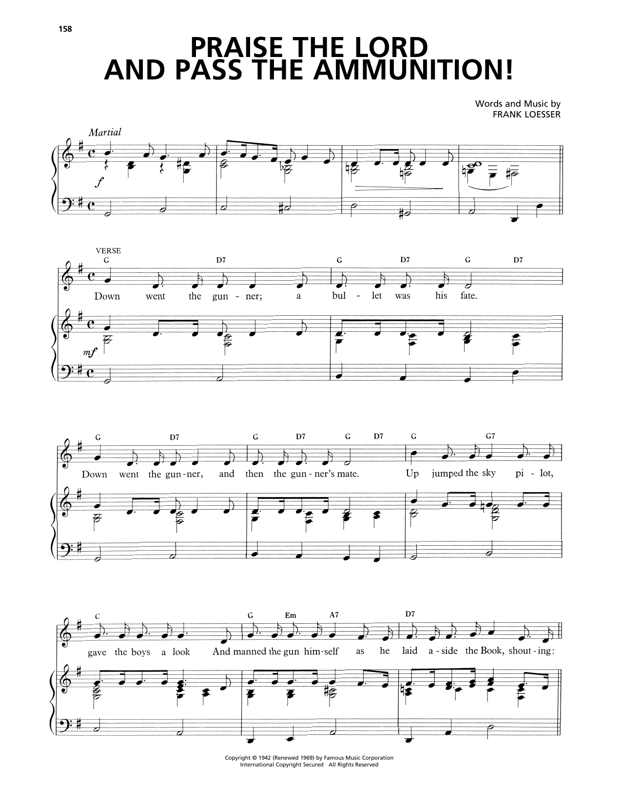 Frank Loesser Praise The Lord And Pass The Ammunition! sheet music notes and chords arranged for Piano, Vocal & Guitar Chords (Right-Hand Melody)