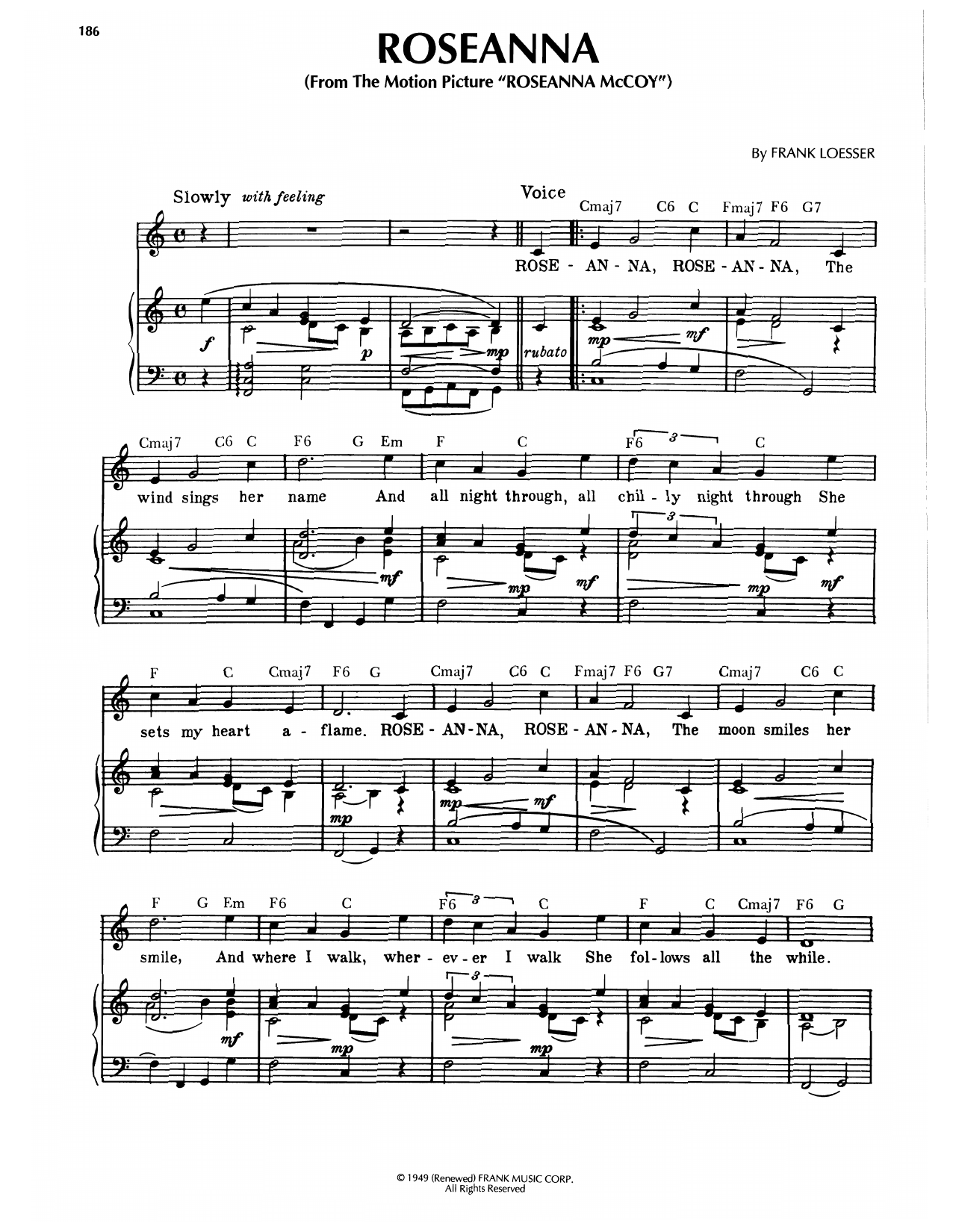 Frank Loesser Roseanna (from Roseanna McCoy) sheet music notes and chords arranged for Piano, Vocal & Guitar Chords (Right-Hand Melody)