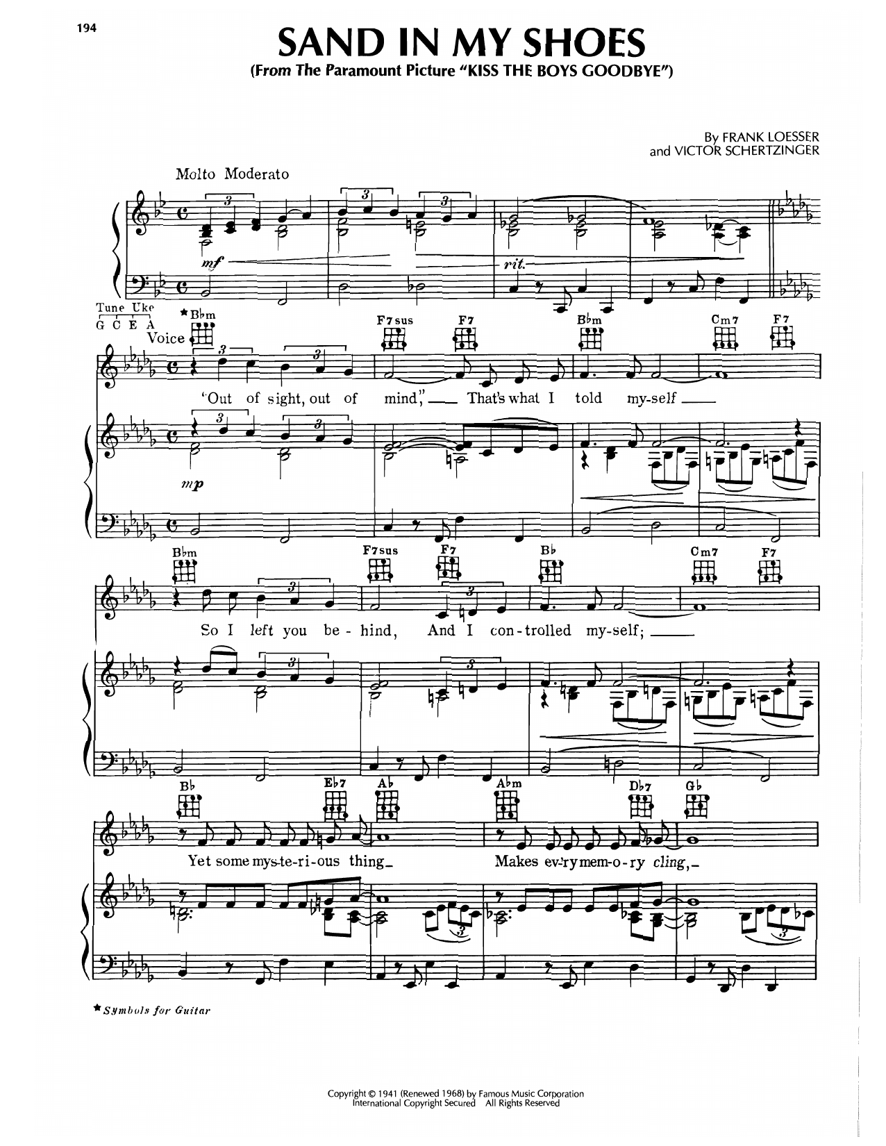 Frank Loesser Sand In My Shoes (from Kiss The Boys Goodbye) sheet music notes and chords arranged for Piano, Vocal & Guitar Chords (Right-Hand Melody)