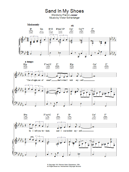 Frank Loesser Sand In My Shoes sheet music notes and chords arranged for Piano, Vocal & Guitar Chords