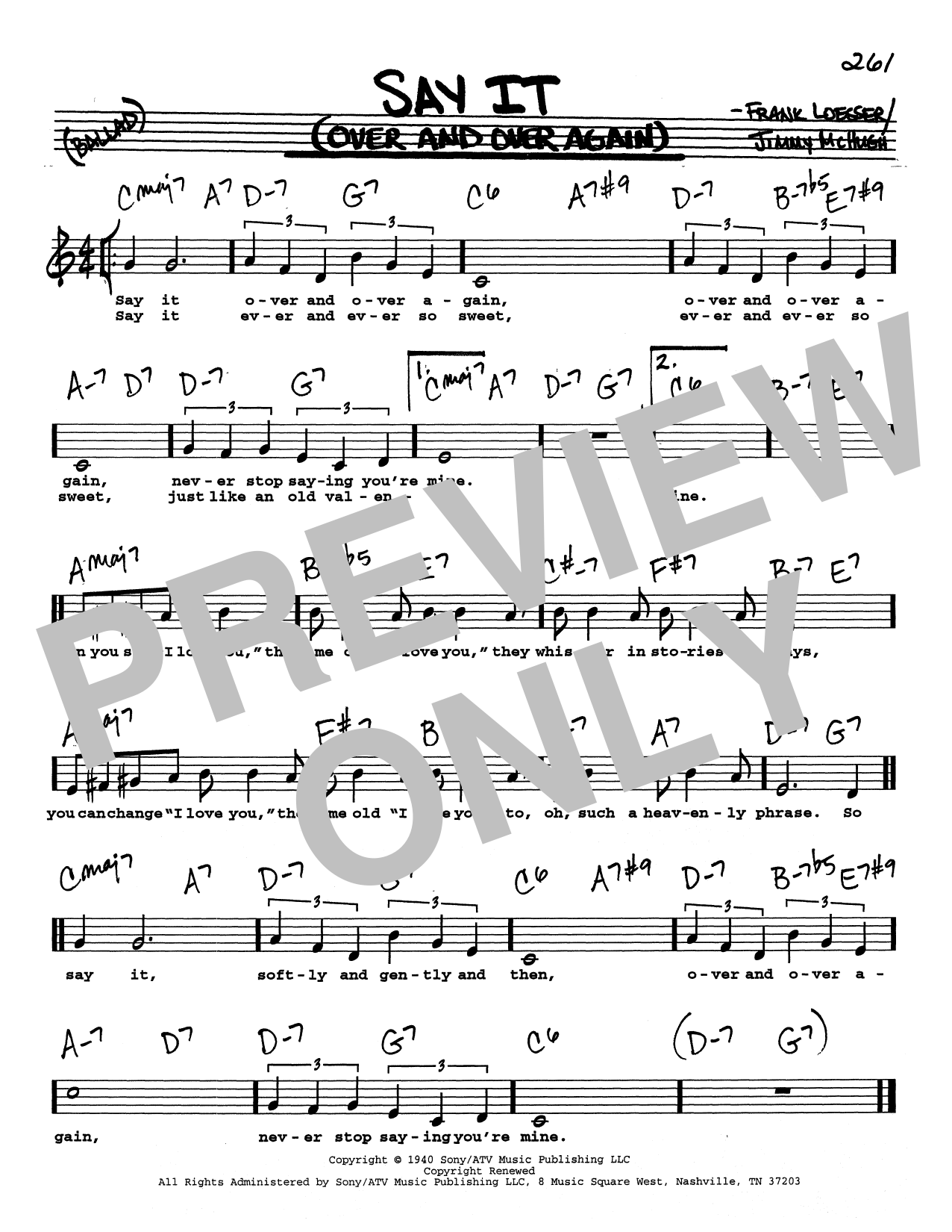 Frank Loesser Say It (Over And Over Again) (Low Voice) sheet music notes and chords arranged for Real Book – Melody, Lyrics & Chords