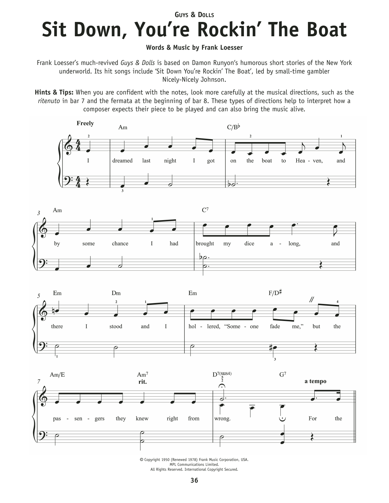 Frank Loesser Sit Down You're Rockin' The Boat (from Guys & Dolls) sheet music notes and chords arranged for Really Easy Piano