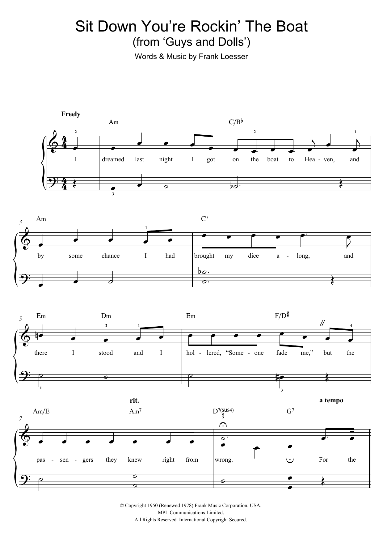 Frank Loesser Sit Down, You're Rockin' The Boat (from 'Guys and Dolls') sheet music notes and chords arranged for Easy Piano