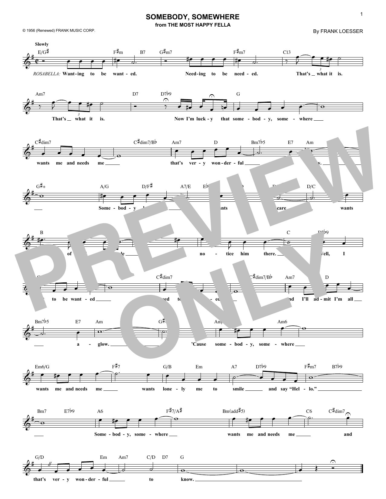 Frank Loesser Somebody, Somewhere (from The Most Happy Fella) sheet music notes and chords arranged for Piano, Vocal & Guitar Chords (Right-Hand Melody)