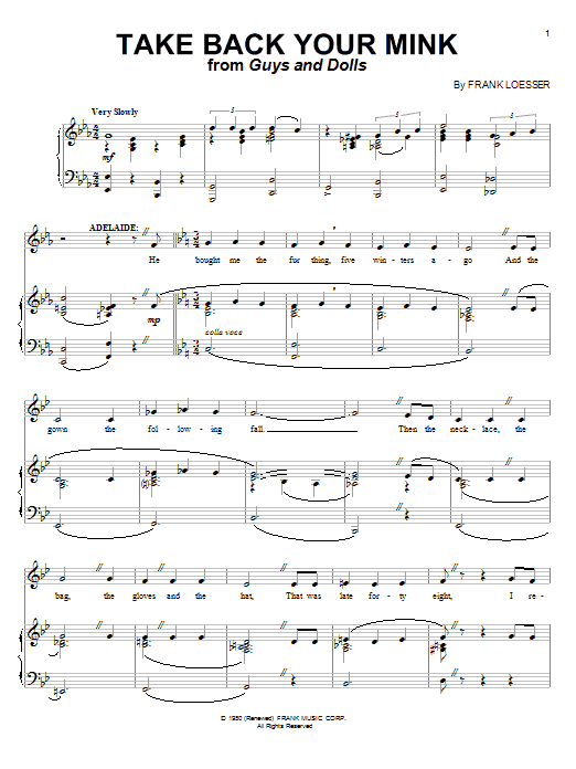 Frank Loesser Take Back Your Mink sheet music notes and chords arranged for Piano & Vocal