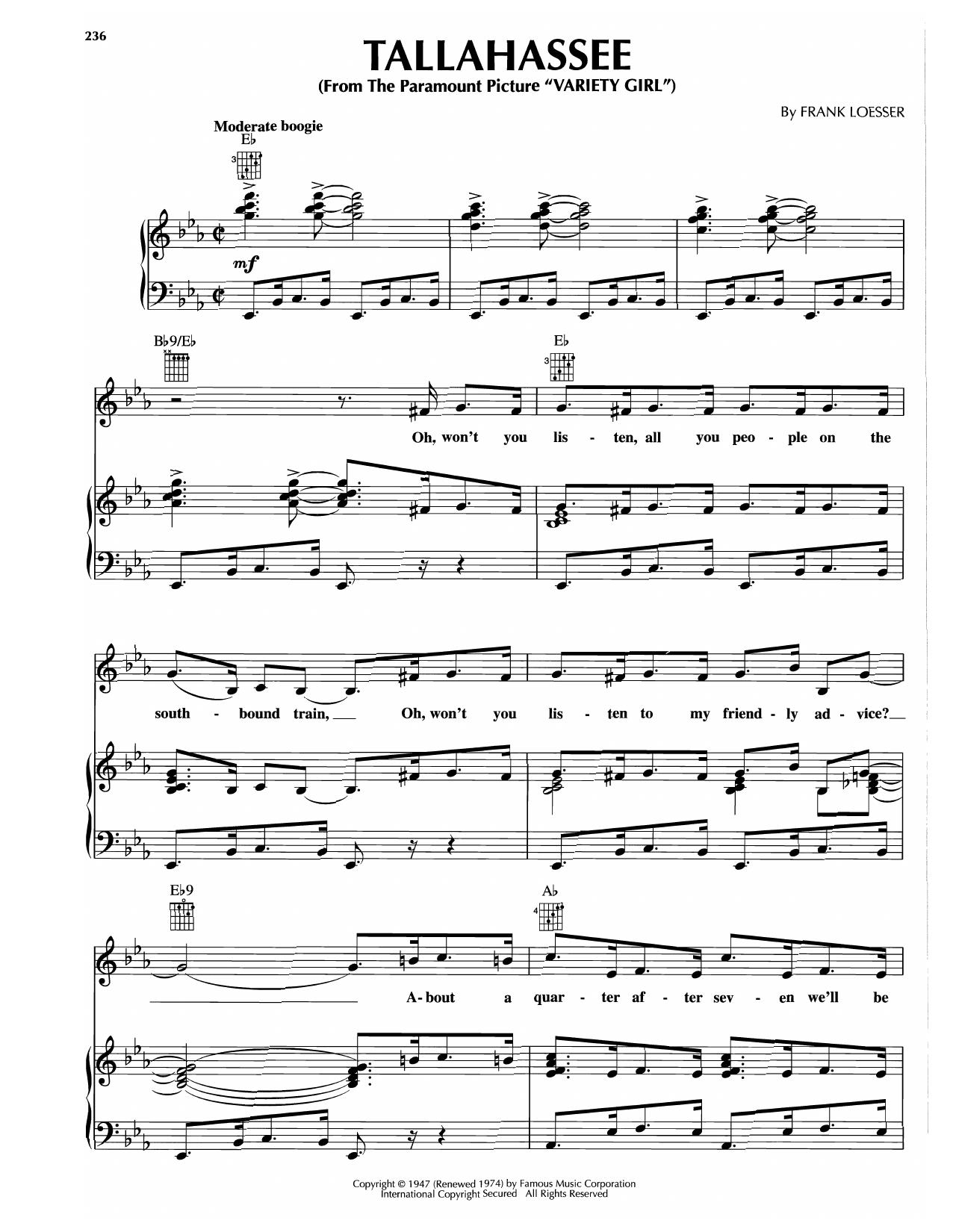 Frank Loesser Tallahassee sheet music notes and chords arranged for Piano, Vocal & Guitar Chords (Right-Hand Melody)