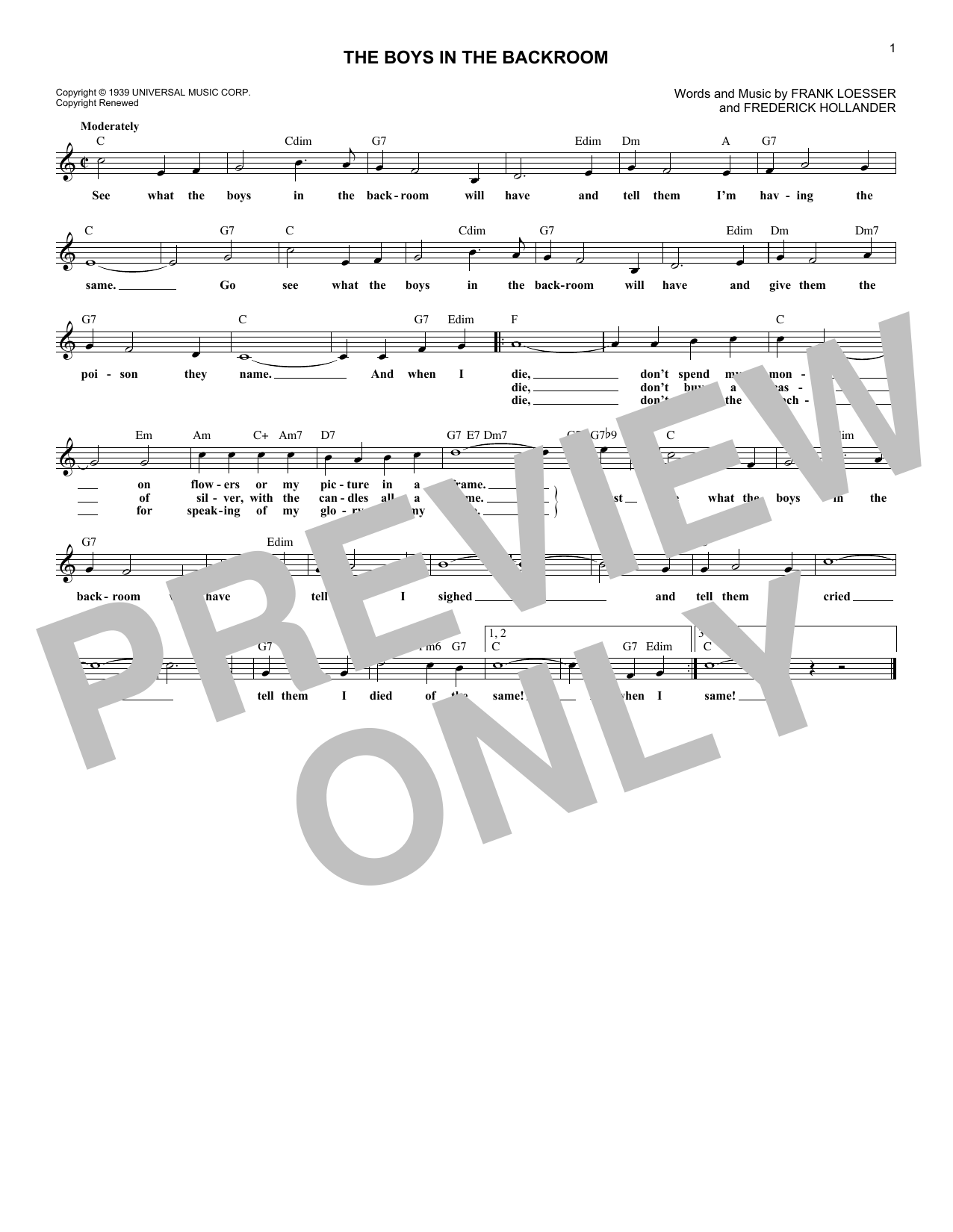 Frank Loesser The Boys In The Back Room sheet music notes and chords arranged for Lead Sheet / Fake Book