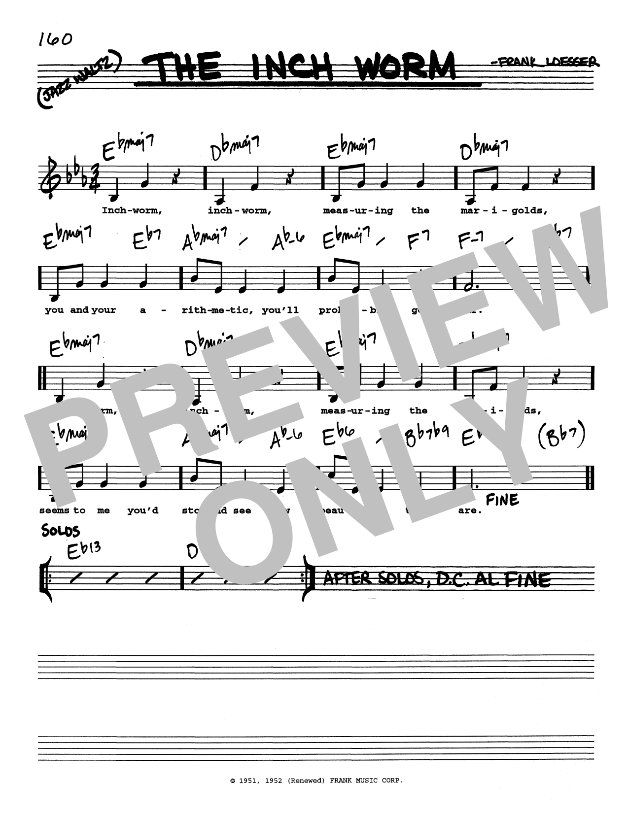 Frank Loesser The Inch Worm (Low Voice) sheet music notes and chords arranged for Real Book – Melody, Lyrics & Chords