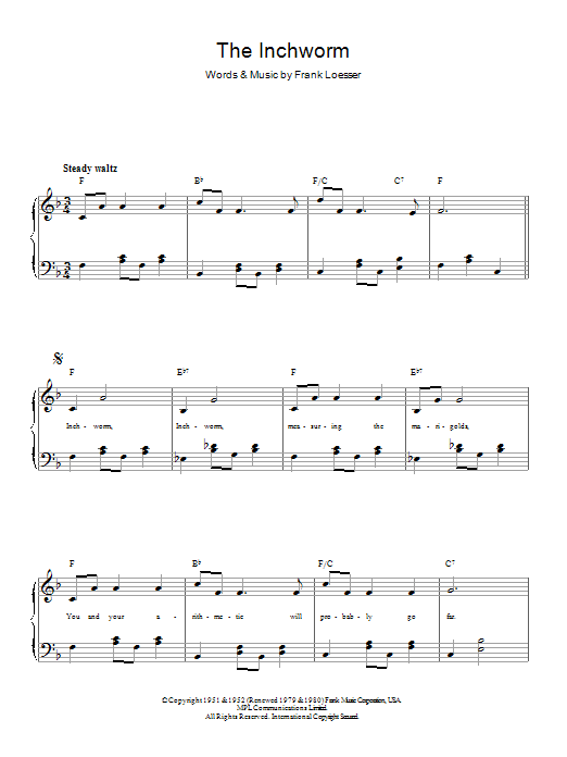 Frank Loesser The Inchworm sheet music notes and chords arranged for Piano & Vocal