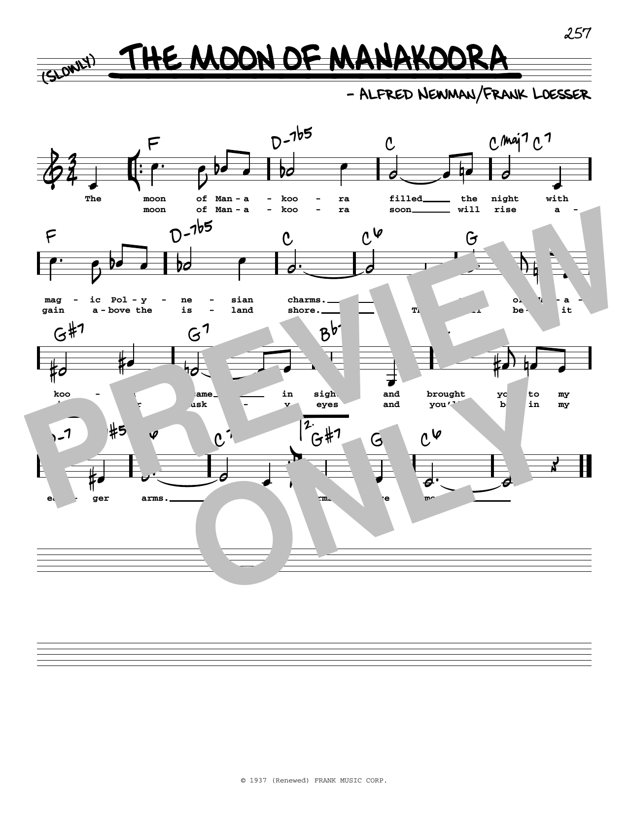 Frank Loesser The Moon Of Manakoora (Low Voice) sheet music notes and chords arranged for Real Book – Melody, Lyrics & Chords