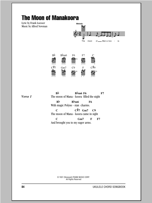 Frank Loesser The Moon Of Manakoora sheet music notes and chords arranged for Ukulele Chords/Lyrics