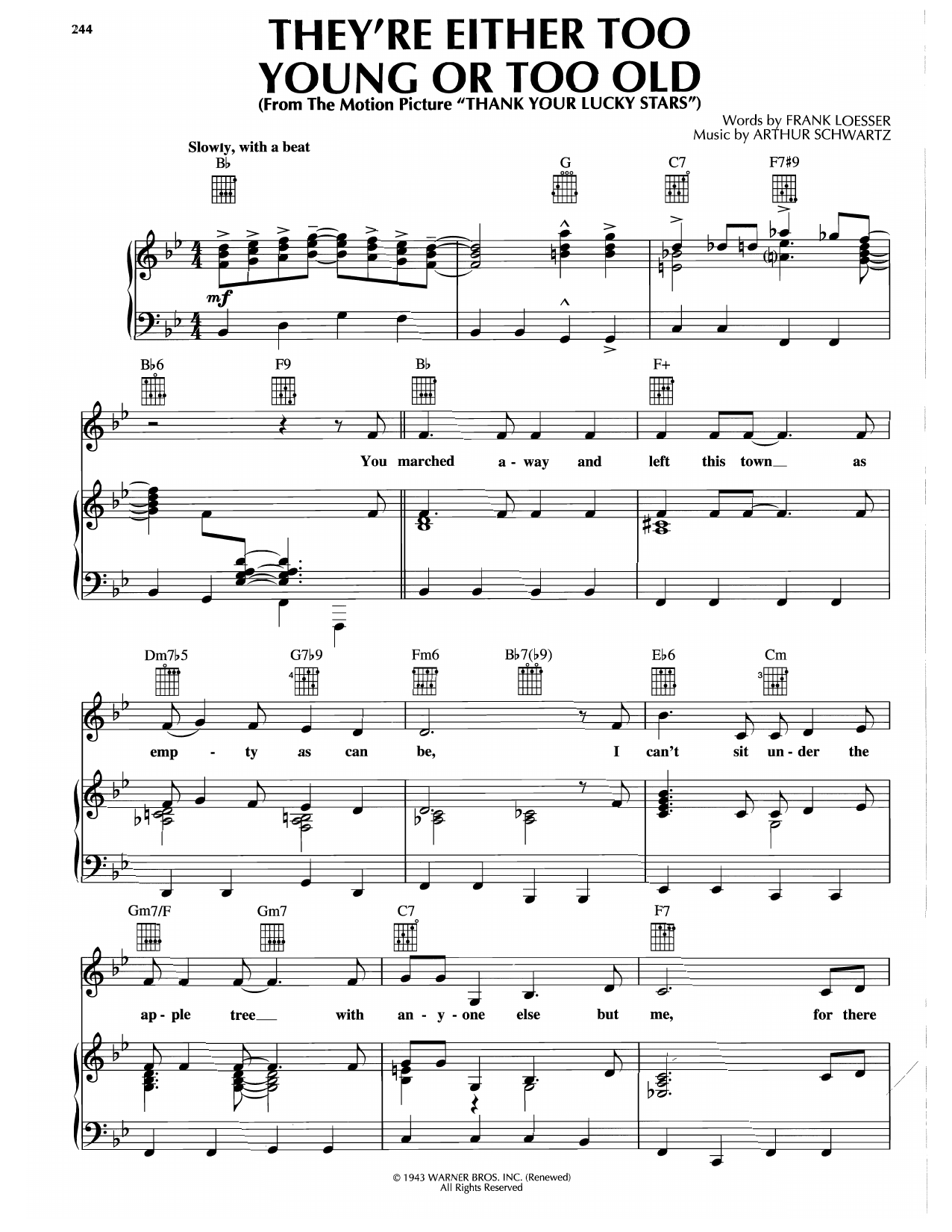 Frank Loesser They're Either Too Young Or Too Old sheet music notes and chords arranged for Piano, Vocal & Guitar Chords (Right-Hand Melody)