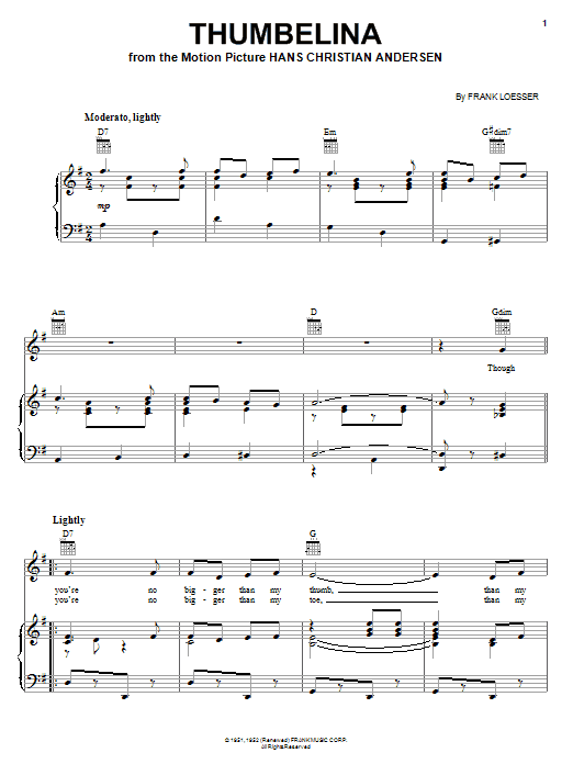 Frank Loesser Thumbelina sheet music notes and chords arranged for Piano, Vocal & Guitar Chords (Right-Hand Melody)