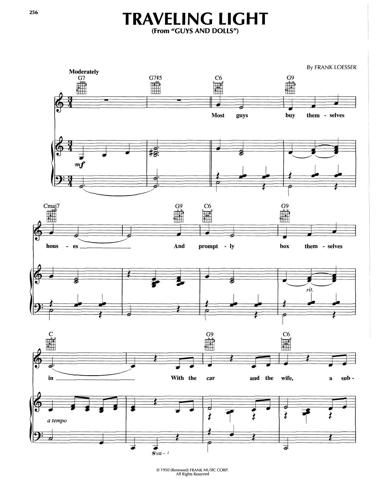 Frank Loesser Traveling Light sheet music notes and chords arranged for Piano, Vocal & Guitar Chords (Right-Hand Melody)