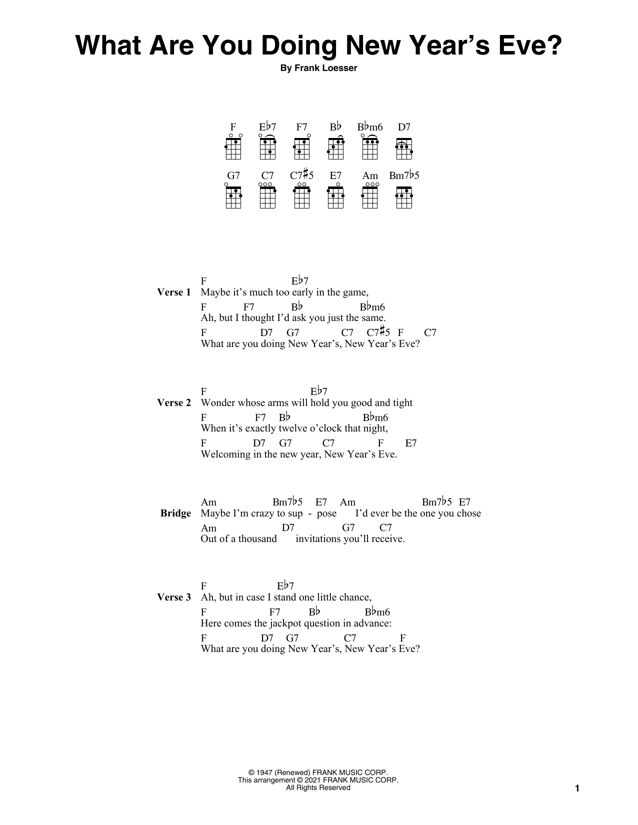 Frank Loesser What Are You Doing New Year's Eve? (arr. Fred Sokolow) sheet music notes and chords arranged for Ukulele
