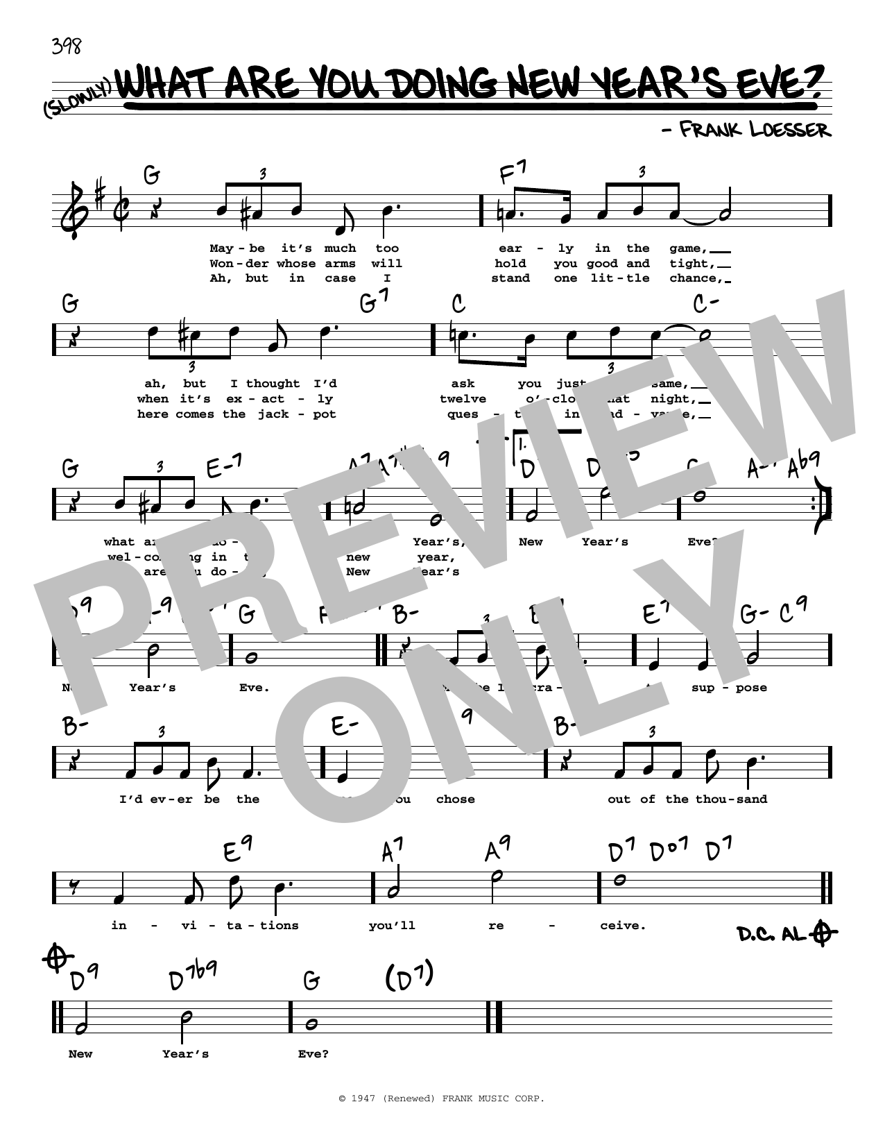 Frank Loesser What Are You Doing New Year's Eve? (High Voice) sheet music notes and chords arranged for Real Book – Melody, Lyrics & Chords