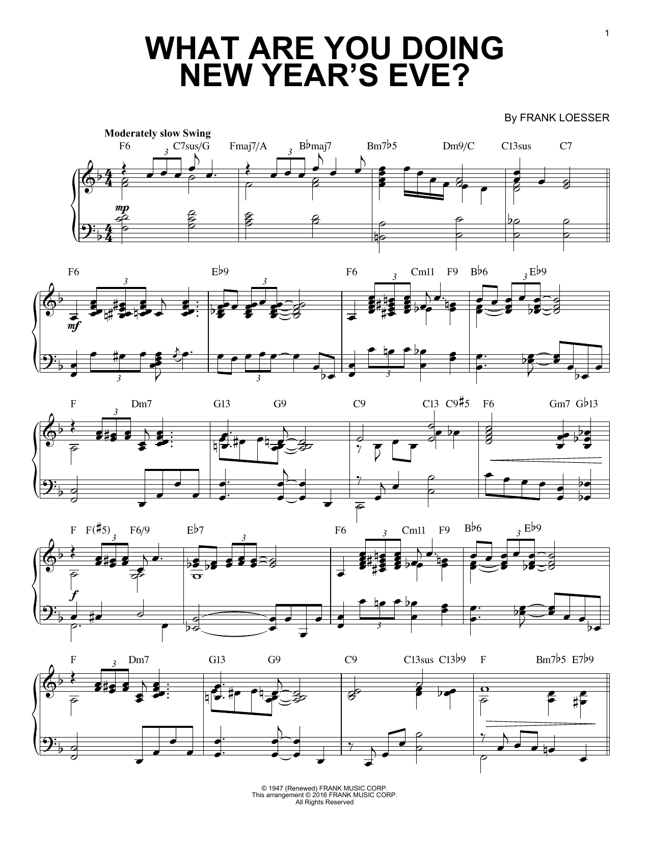 Frank Loesser What Are You Doing New Year's Eve? [Jazz version] (arr. Brent Edstrom) sheet music notes and chords arranged for Piano Solo