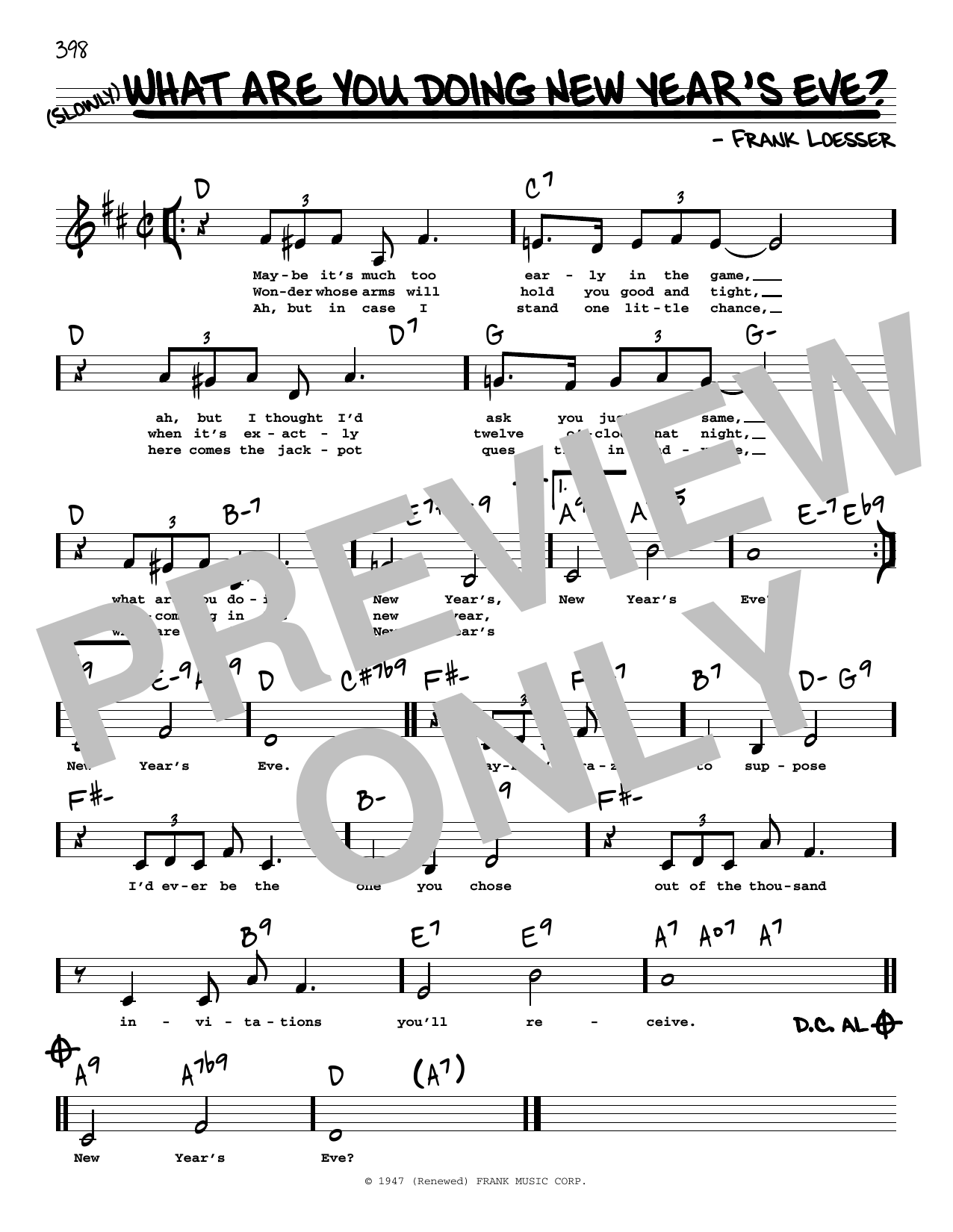 Frank Loesser What Are You Doing New Year's Eve? (Low Voice) sheet music notes and chords arranged for Real Book – Melody, Lyrics & Chords