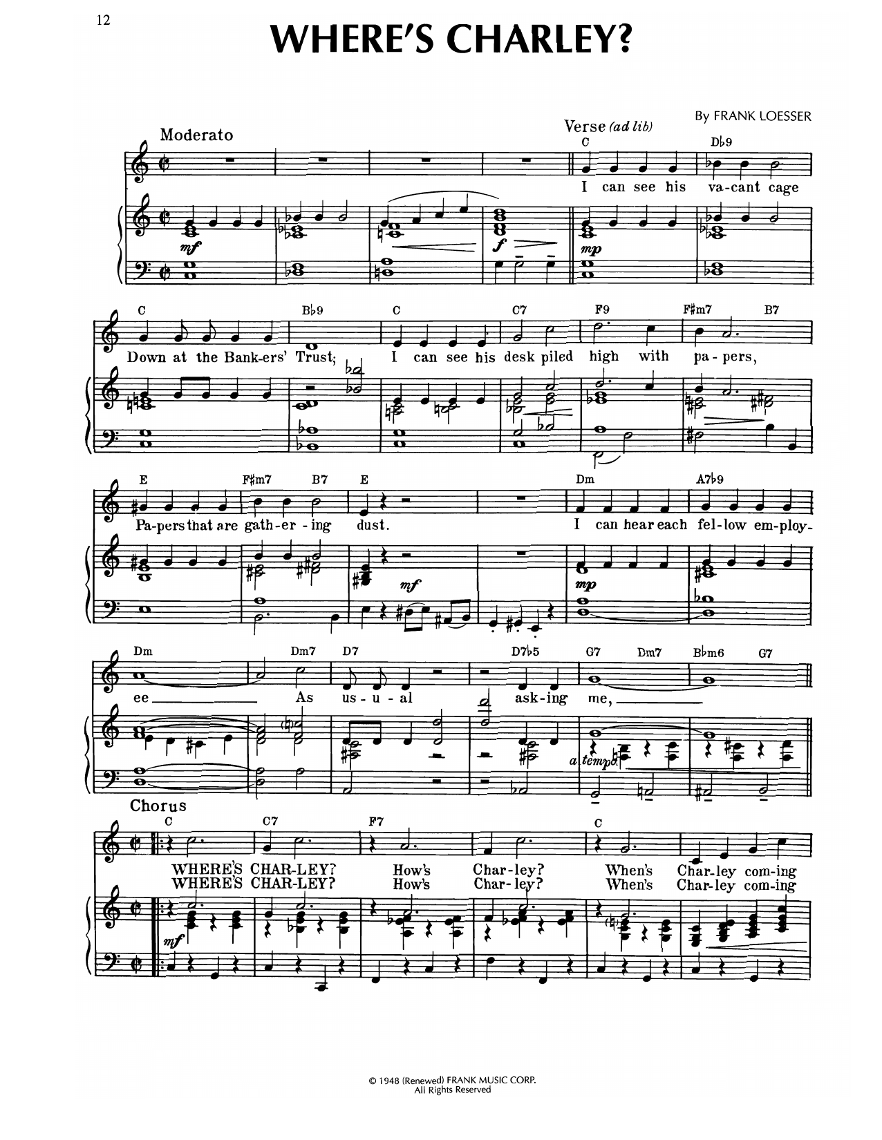 Frank Loesser Where's Charley? sheet music notes and chords arranged for Piano & Vocal
